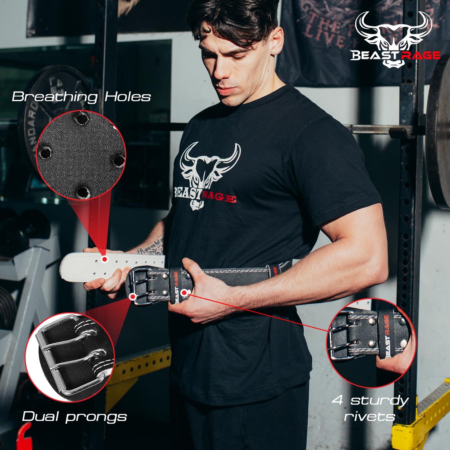 BEAST RAGE Weight Lifting Belt Leather Heavy Duty Gym Body Building Workout Training Weight Lifting Belt Adjustable Holes 4” Padded Lumbar Back Support Exercise Powerlifting Fitness Strength