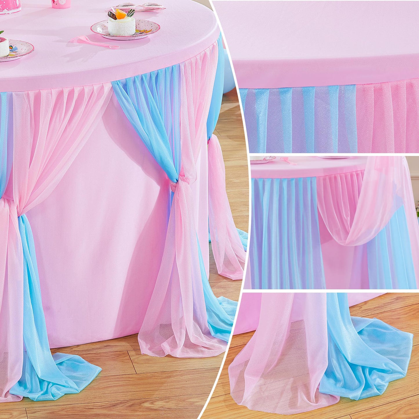 Besutolife Blue Pink Tablecloth for Round Tables 6ft Tulle Table Skirt for Baby Shower Birthday Party Dining Table Buffet Parties Camping