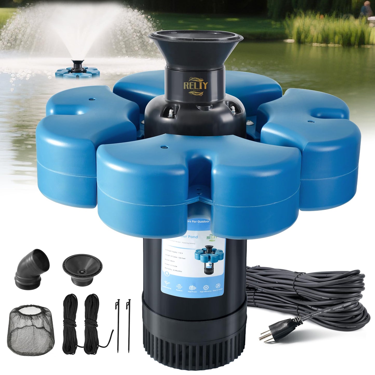 RELIY Pond Fountain Aerator, 1HP 110V 15000 GPH Fountain Pump, Fully Automatic Powerful Lake Floating Fountain, 100 FT Power Cord, 2x100 FT Traction Rope, Pond Fountains For Large Ponds