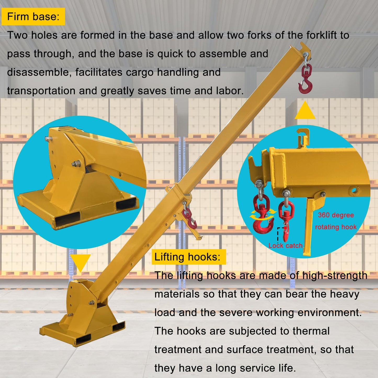 HayWHNKN 3T Forklift Telescopic Jib Boom Forklift Mobile Crane with 0-75° Adjustable Tilt Angle, 7-12ft Extension, 2 Hooks, Heavy-Duty Lifting Hoist Towing Handling for Warehouse Construction Factory