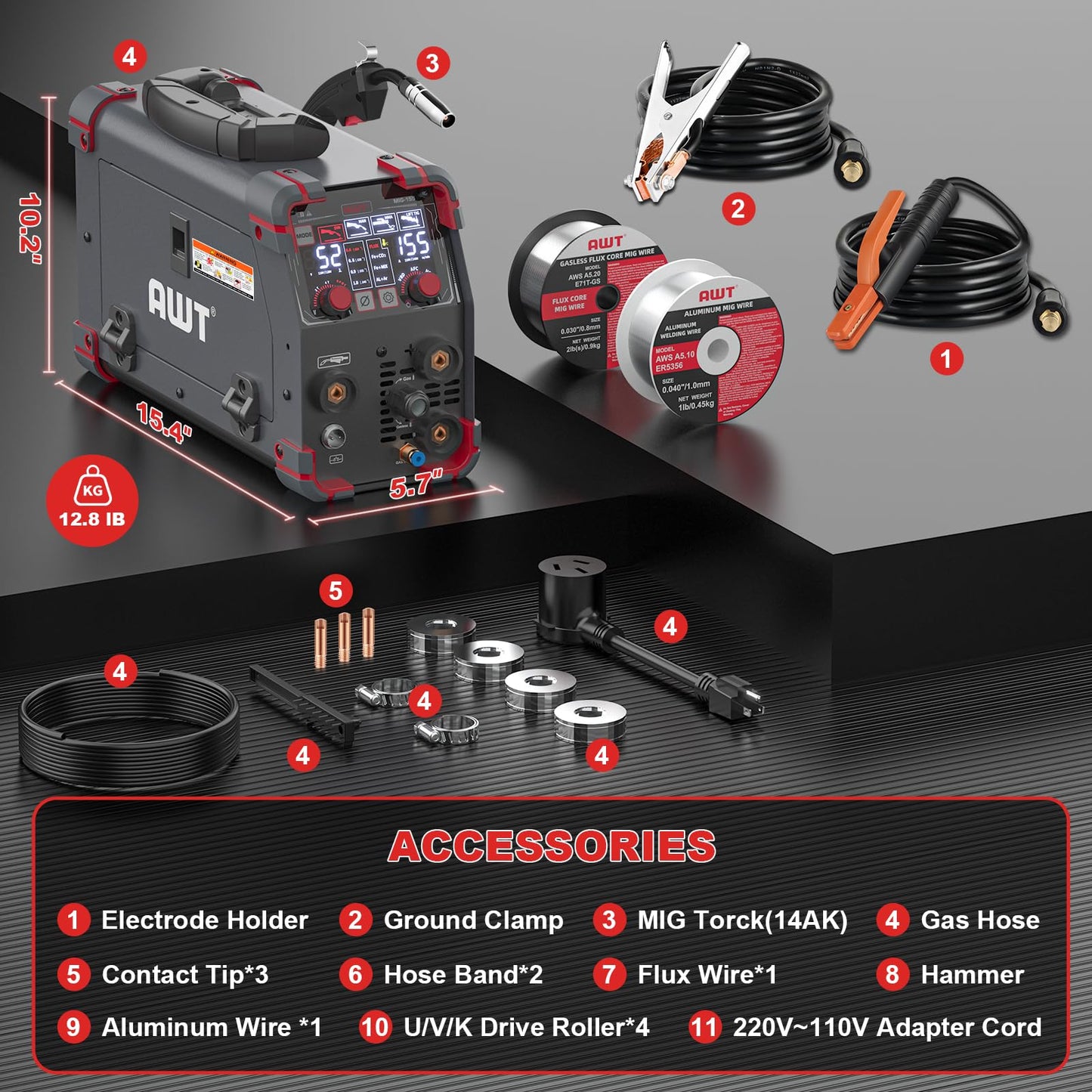 AWT Aluminum 155A MIG Welder,5 in 1 Gas MAG/Aluminum MIG/Gasless Flux Core MIG/Stick/Lift TIG Aluminum MIG Welding Machine,110/220V Welding Machine with Multiprocess Wire Feed