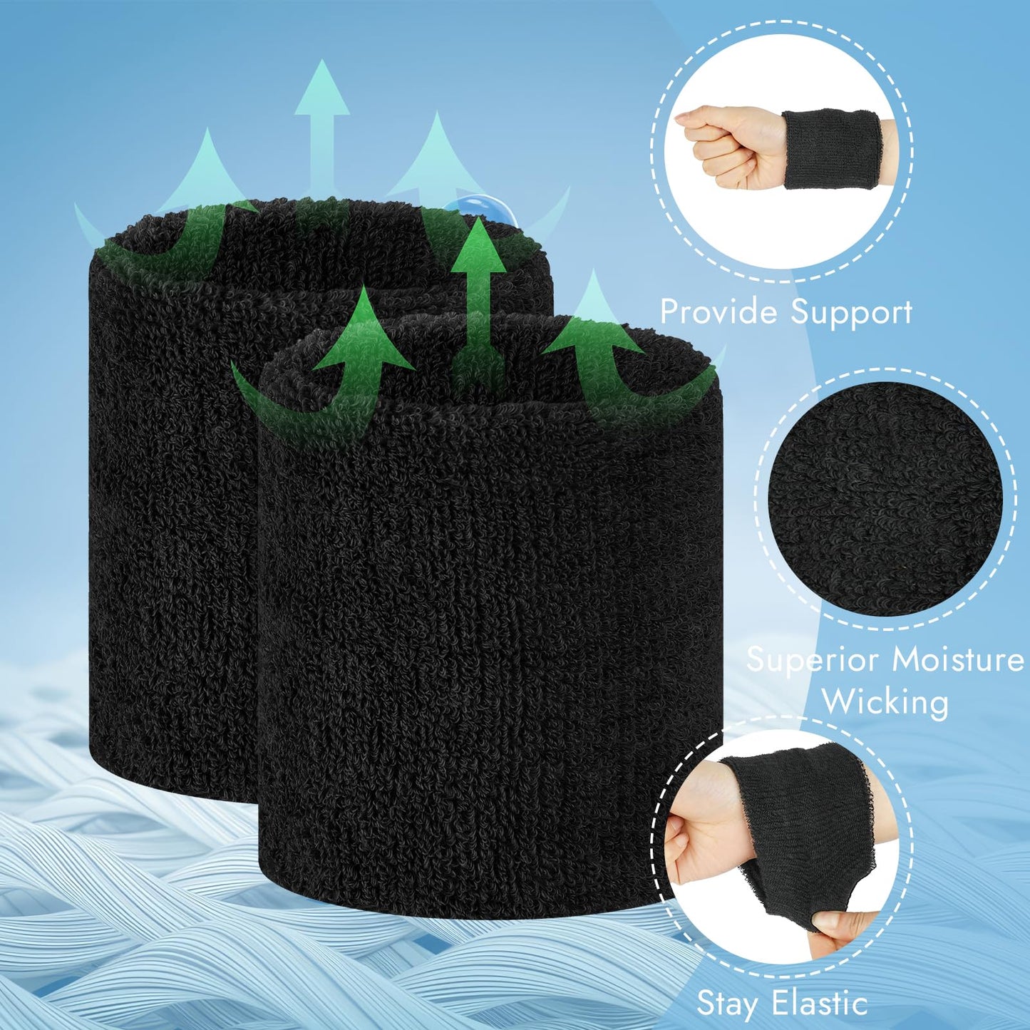 PEASUG 8 Pcs Sports Wrist Sweat Bands for Men & Women，Absorbent Wrist Sweatbands Tennis Wristbands, Elastic Wrist Bands for Sweat for Basketball Tennis Football Gym Running Working Out, Black