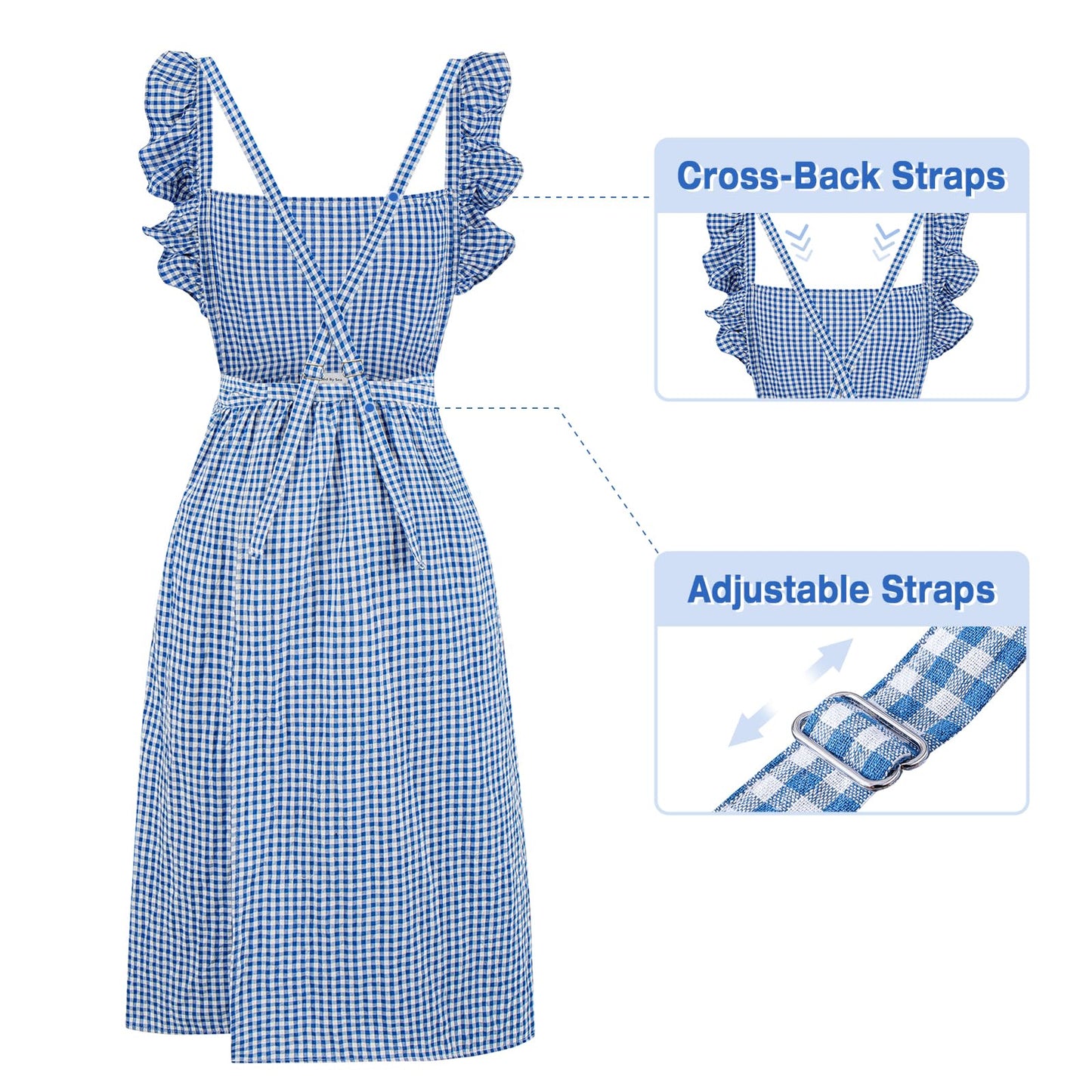 SeedBySea Vintage Gingham Apron for Women, Ruffle Straps, 2 Pockets, Cross Back, Soft Cotton, Apron Dress Style for Cooking & Baking