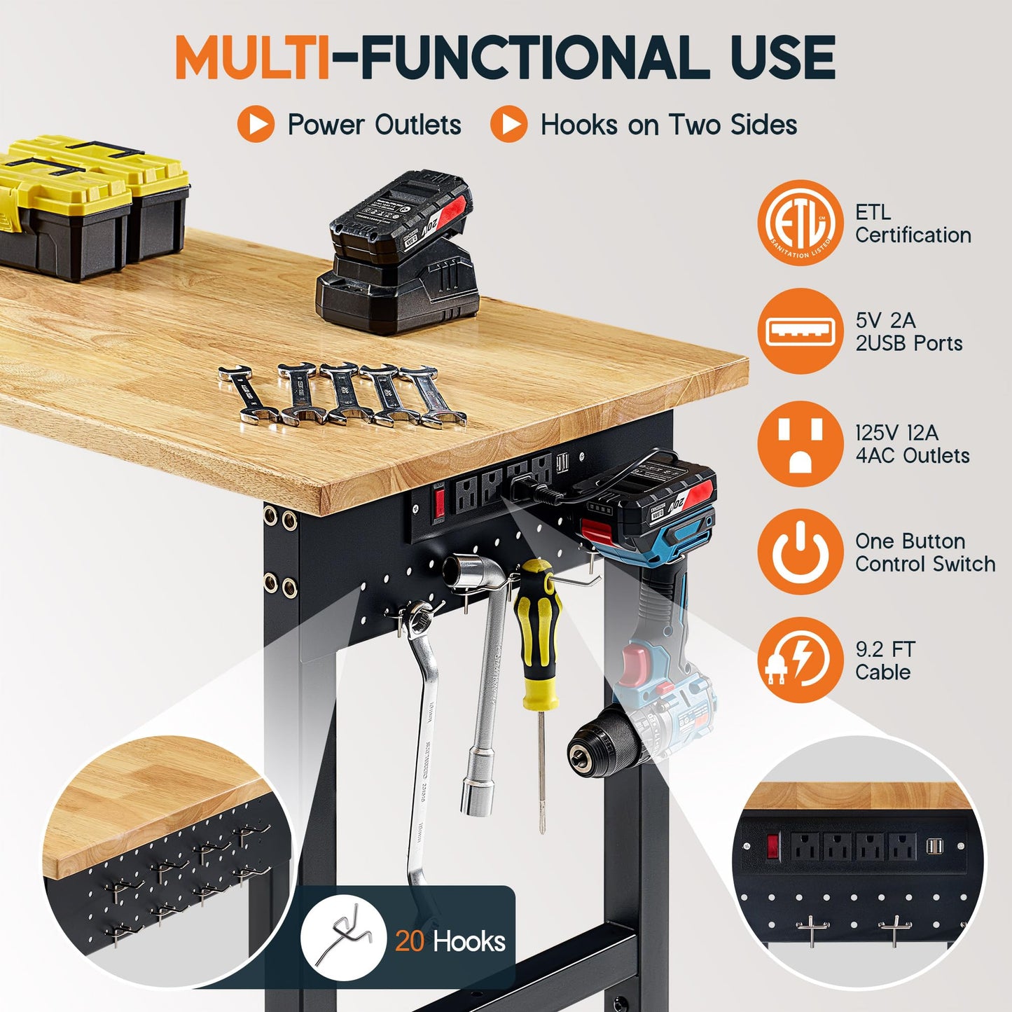 Albott 96x24 in Adjustable Workbench with Power Outlets, 6000 LBs Heavy Duty Wood Workbench with Hooks, Solid Rubber Wood Top for Garage, Workshop, Woodworking, Home Office