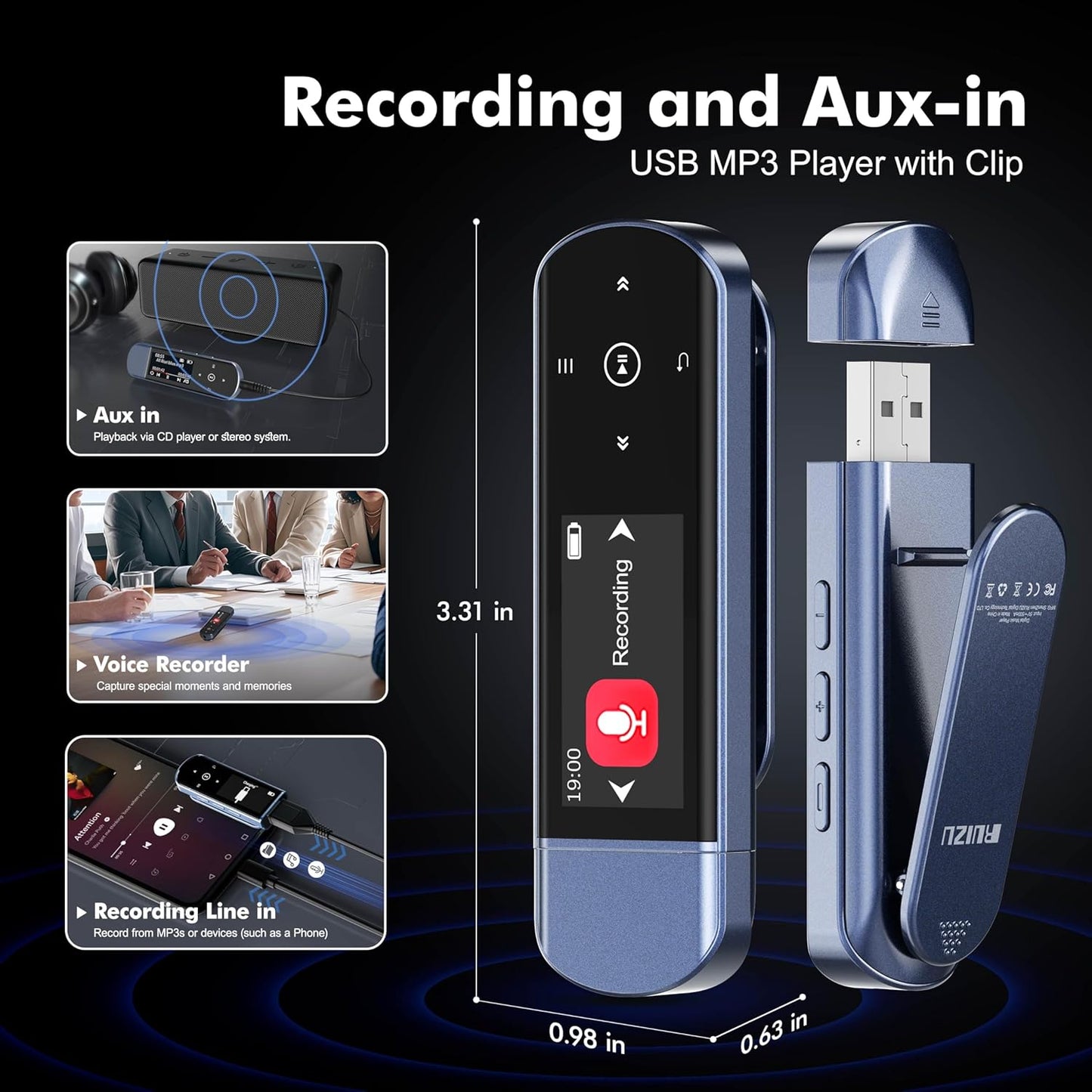 RUIZU 64GB MP3 5.3, MP3 USB Player with Bluetooth Clip Jam Portable Music Player for Sports Running, USB Player Stick