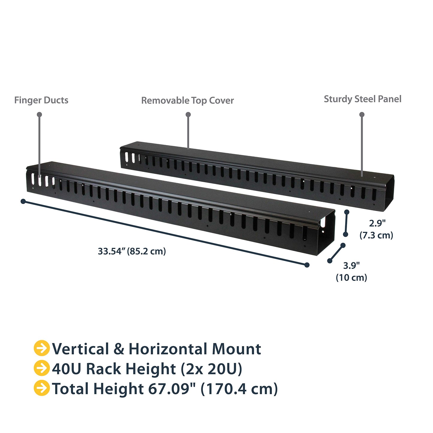 StarTech 2-Pack 20U Vertical Cable Organizer with Finger Ducts, Vertical Cable Management Panel, 40U Rack-Mount Cable Raceway, 2x 3ft (91cm) Wire Organizers