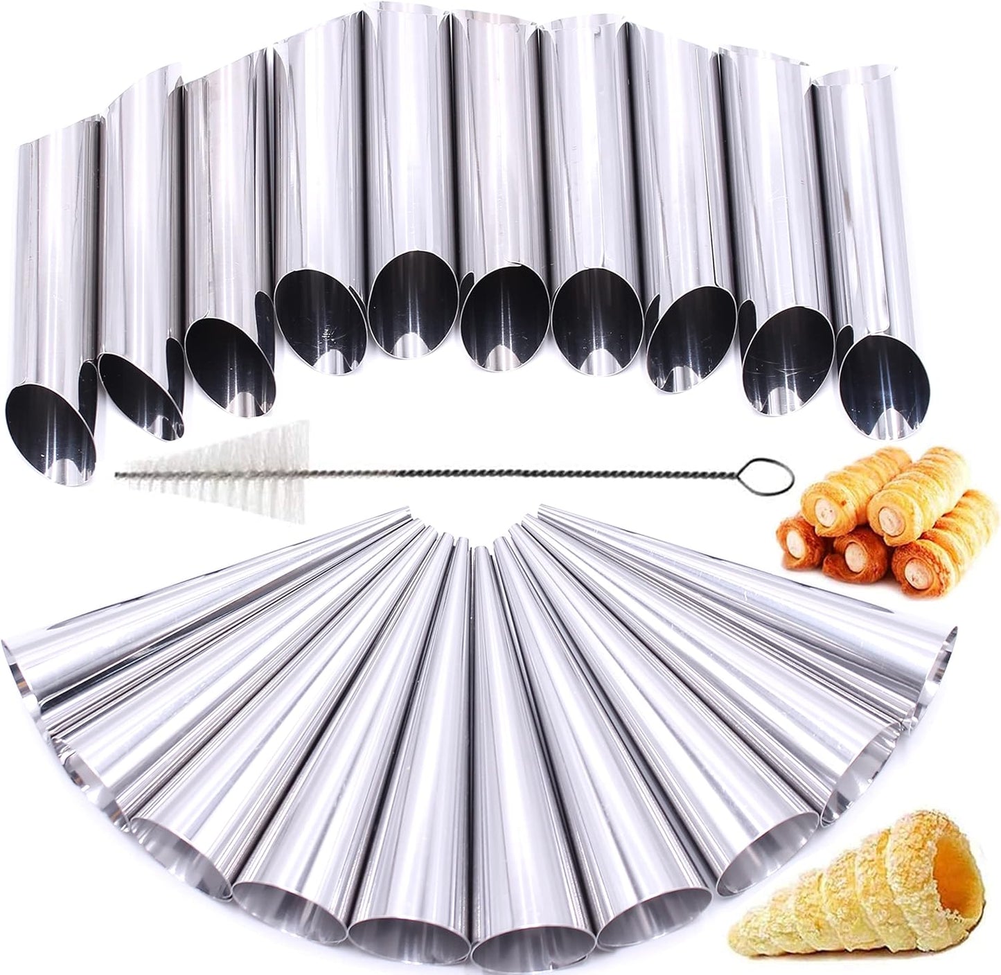 Skiennix Stainless Steel Cream Horn Molds - 21 Pcs Cannoli & Croissant Baking Tubes with Brush