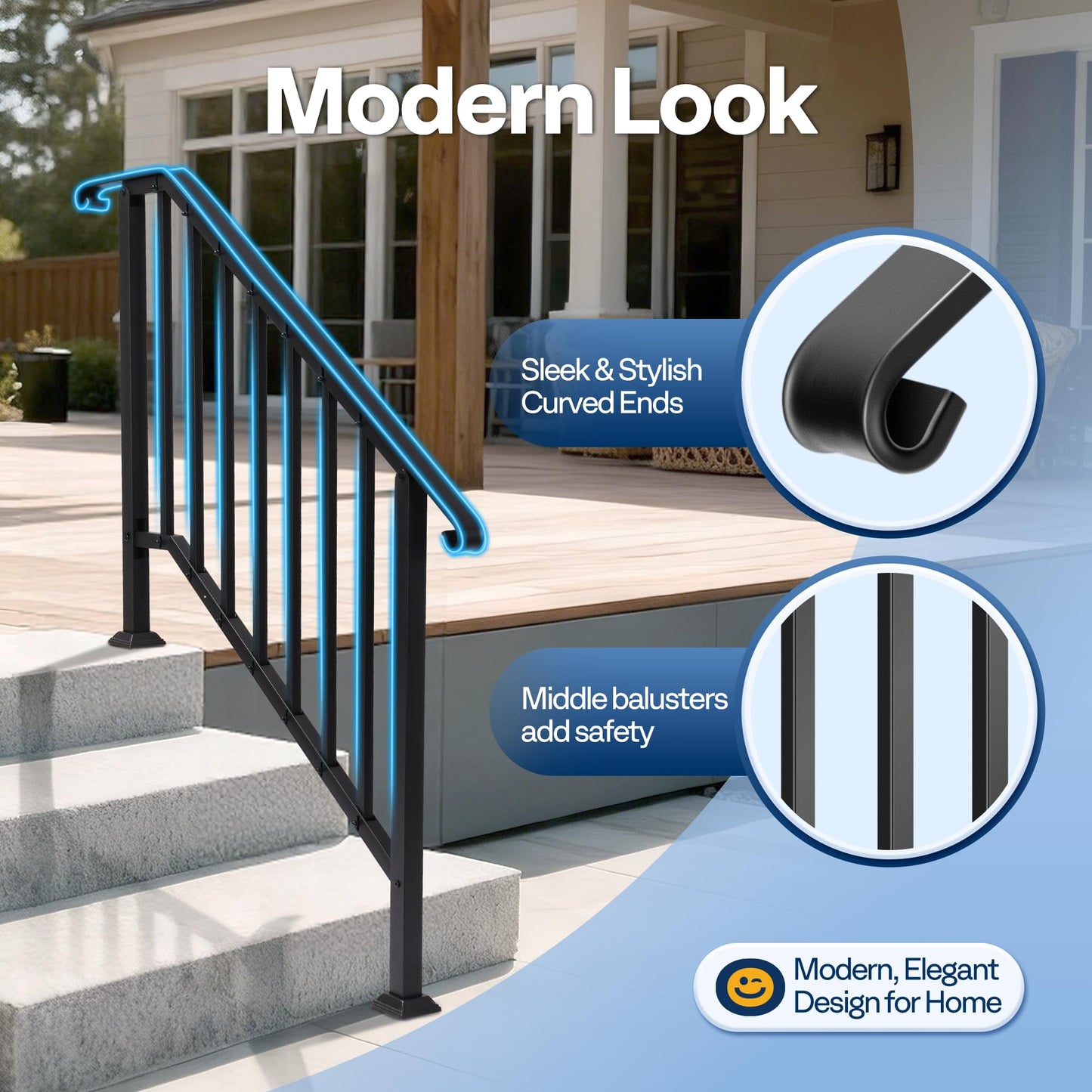 VIVOHOME 2-Pack Galvanized Steel Hand Rails for Outdoor Steps – 40.6" Curved Ends and Safety Balusters Exterior Railing Kit for Porch, Deck, or Indoor Stairs (4-Step, Black)