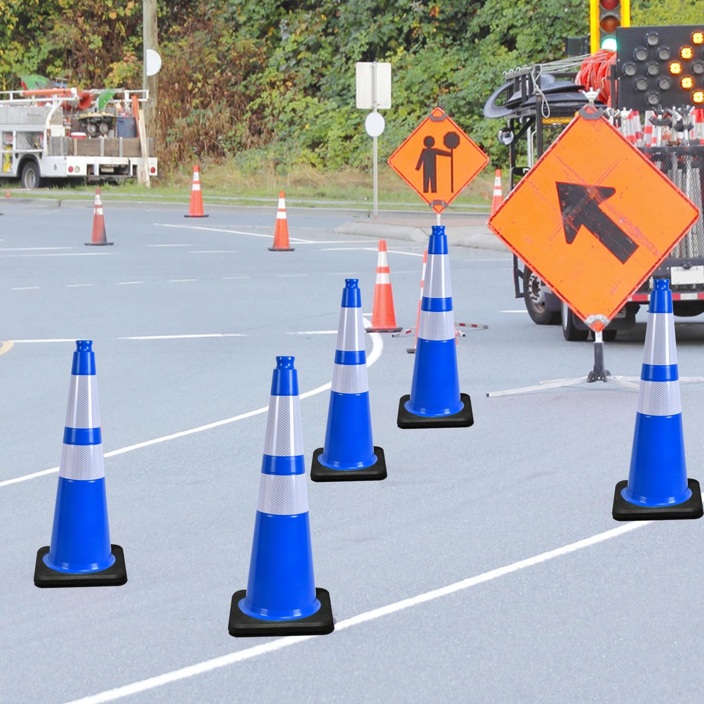 OrangeStar 28" Traffic Cones 8-Pack Blue Safety Cones with Reflective Collars, Heavy Duty Base for Construction, Parking Lot, Road Work, Flexible PVC, Indoor & Outdoor Use
