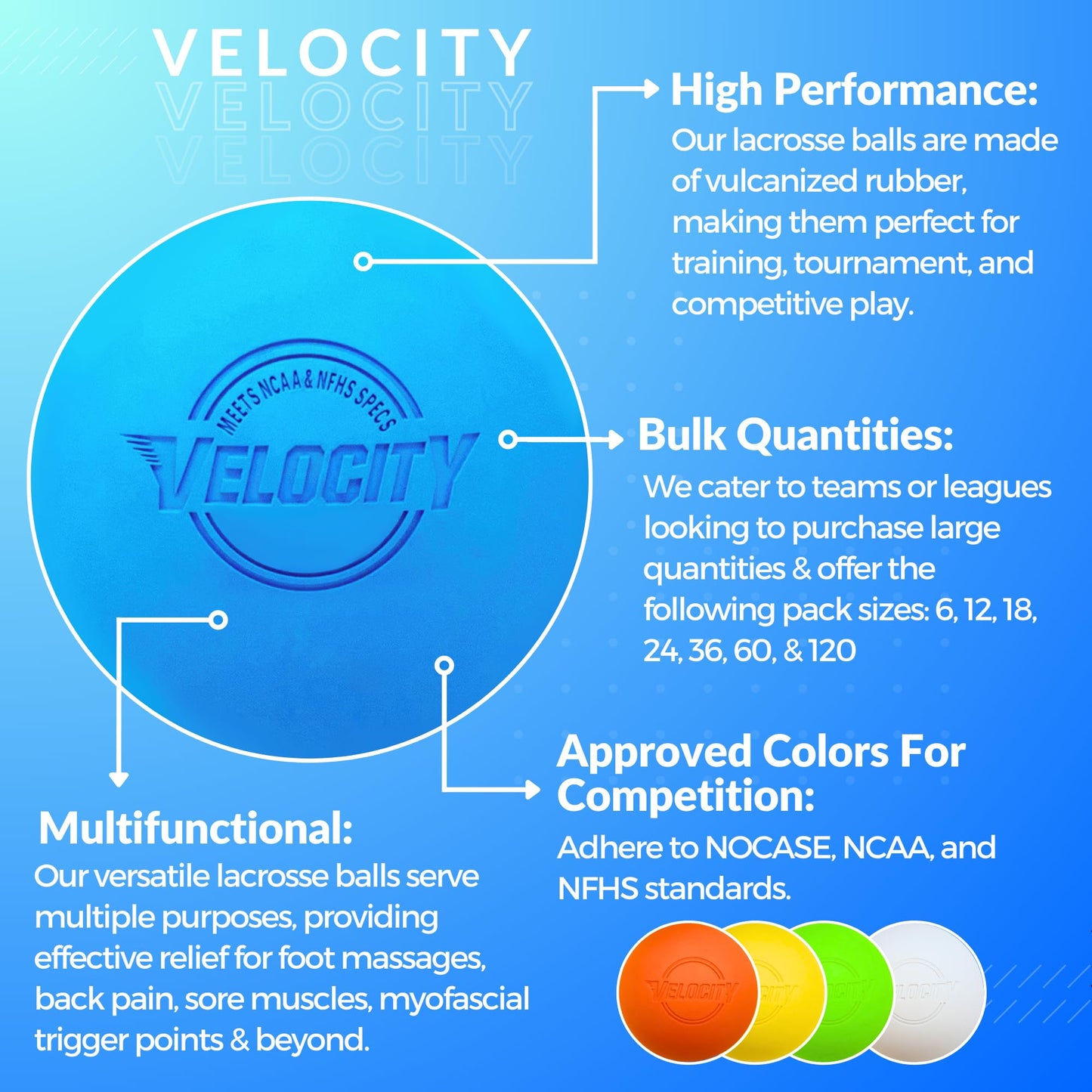 Velocity Practice Lacrosse Balls - 60 Pack - Official Size and Weight - Multi Color