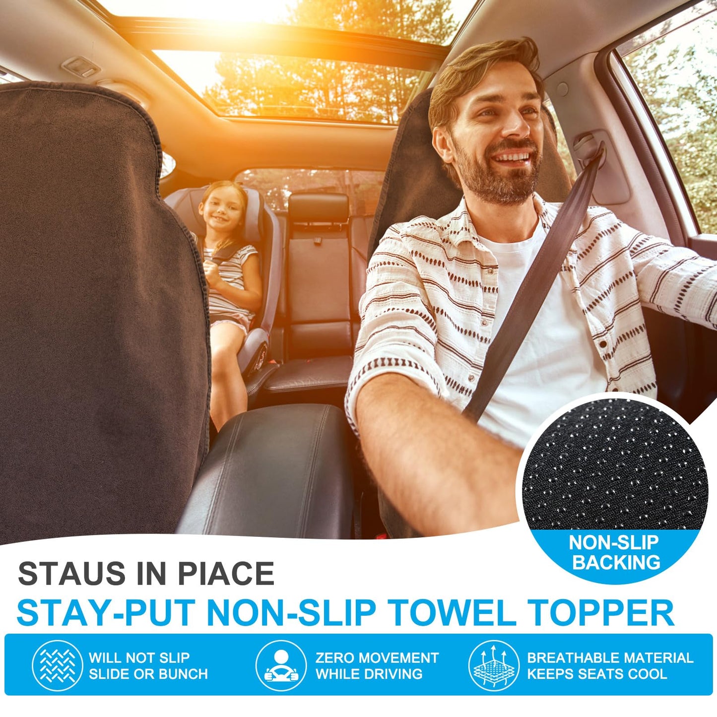 Waterproof Sweating Towel Car Seat Cover for Post Gym Workout, Running, Swimming, Beach and Hiking, Universal Fit Anti-Slip Bucket Seat Protector for Cars, SUVs and Trucks, Machine Washable (Black-1P)
