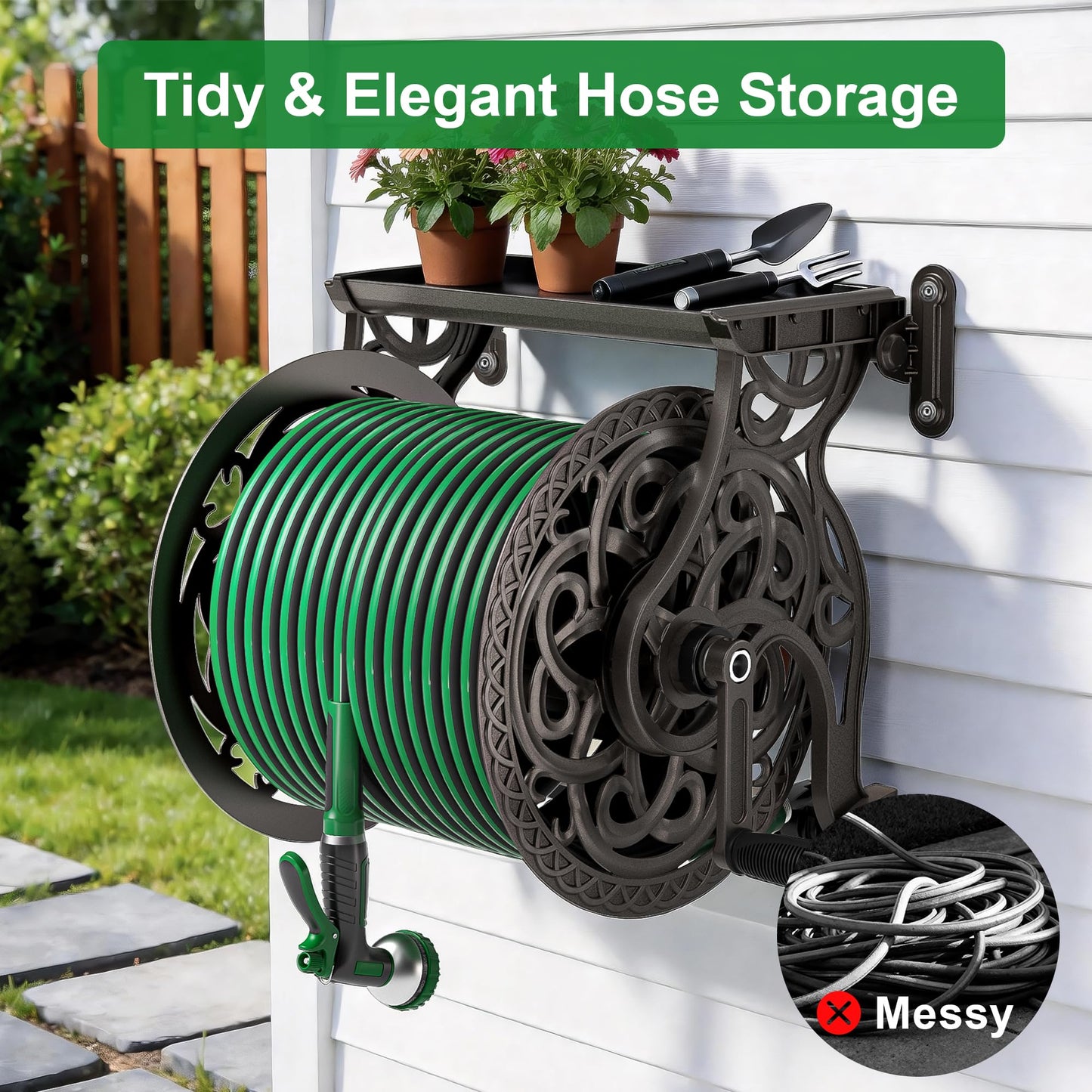 Garden Hose Reel Wall Mount Metal, Holds 125 ft x 5/8" Decorative Water Hose Holder for Outside Storage, Heavy Duty Aluminum Frame w/Shelf, No-Leak Aluminum Water System, Easy Assmbly, Dark Bronze
