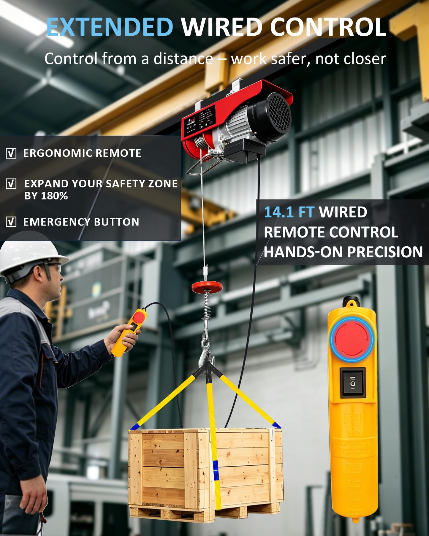 USYATO 1320 lbs Electric Hoist with 14.1 ft Wired Control,110V Electric Winch with Emergency Stop Switch,Zinc-Plated Steel Wire Hoist,Material Handling Tool for Warehouse,Garage,Factory,Attic