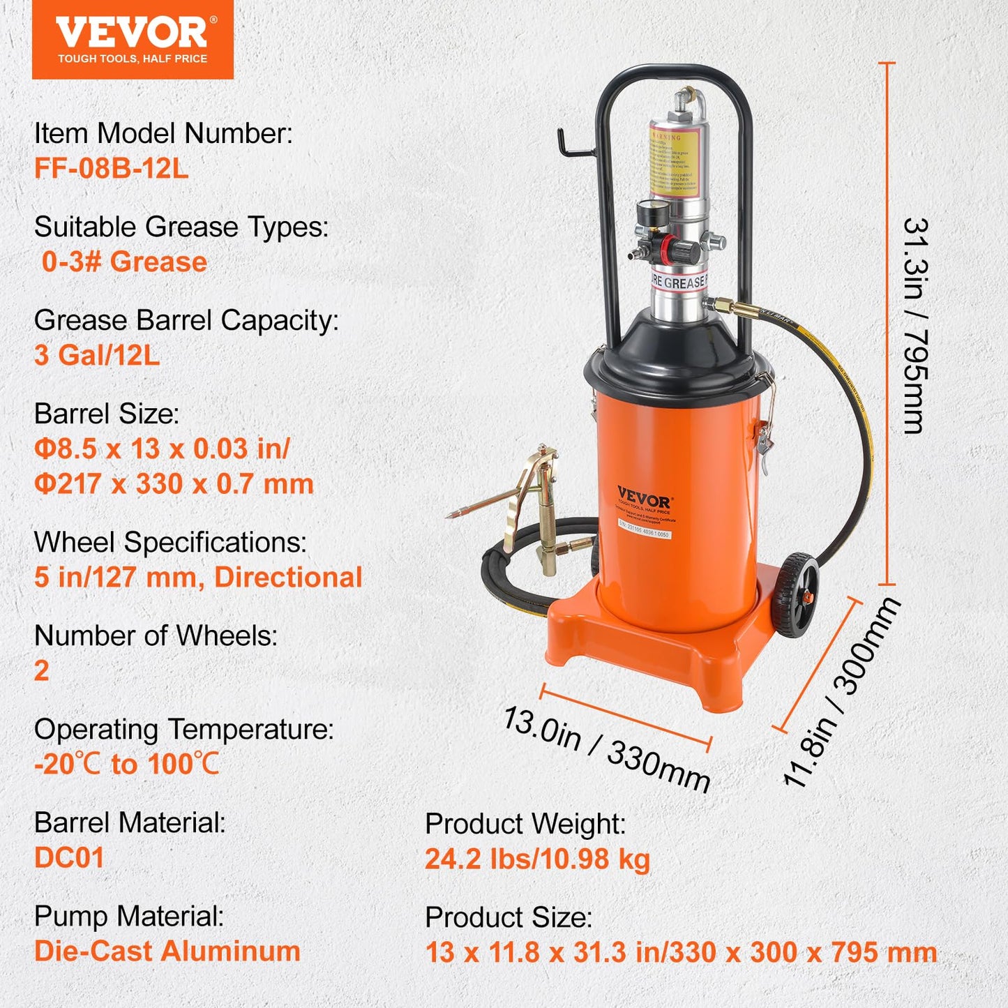 VEVOR Grease Pump, 3 Gallon Air Grease Pump with 13 ft High Pressure Hose and Grease Gun, 12L Pneumatic Grease Pump with Wheels, Portable Lubrication Grease Pump