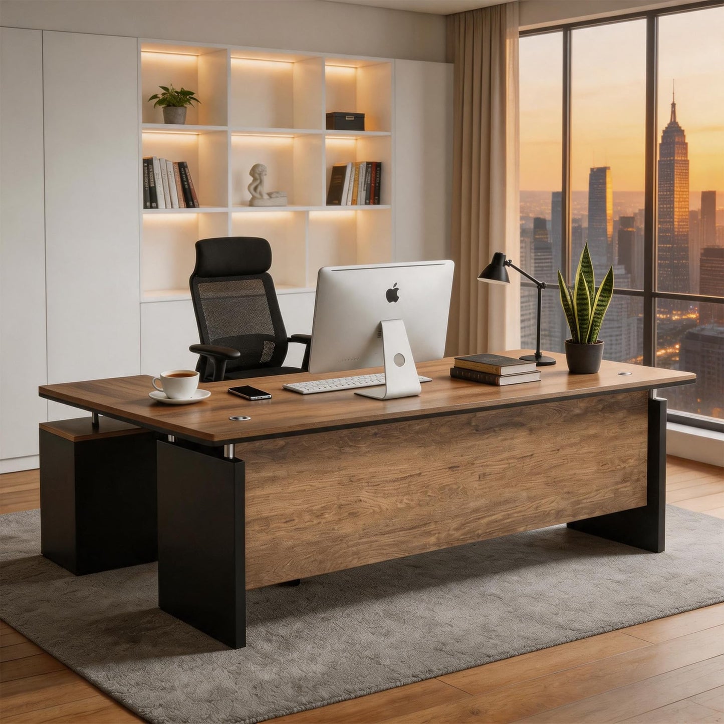 SAINTCY 63" L Shaped Executive Desk with Locking Drawer & Privacy Panel, Industrial Modern Wood Office Desk with Cable Management, Solid One-Piece Reversible for Home or Business Workspace (2)
