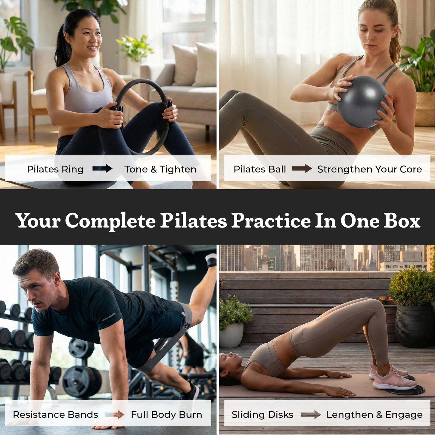 Prospervere Premium Pro Pilates Kit – 15 inch Pilates Ring and Ball Set w/ 1lb Ankle Weights, Fabric Resistance Bands, Sliders, Yoga Socks & Gym Bag – Midnight Power (Black)