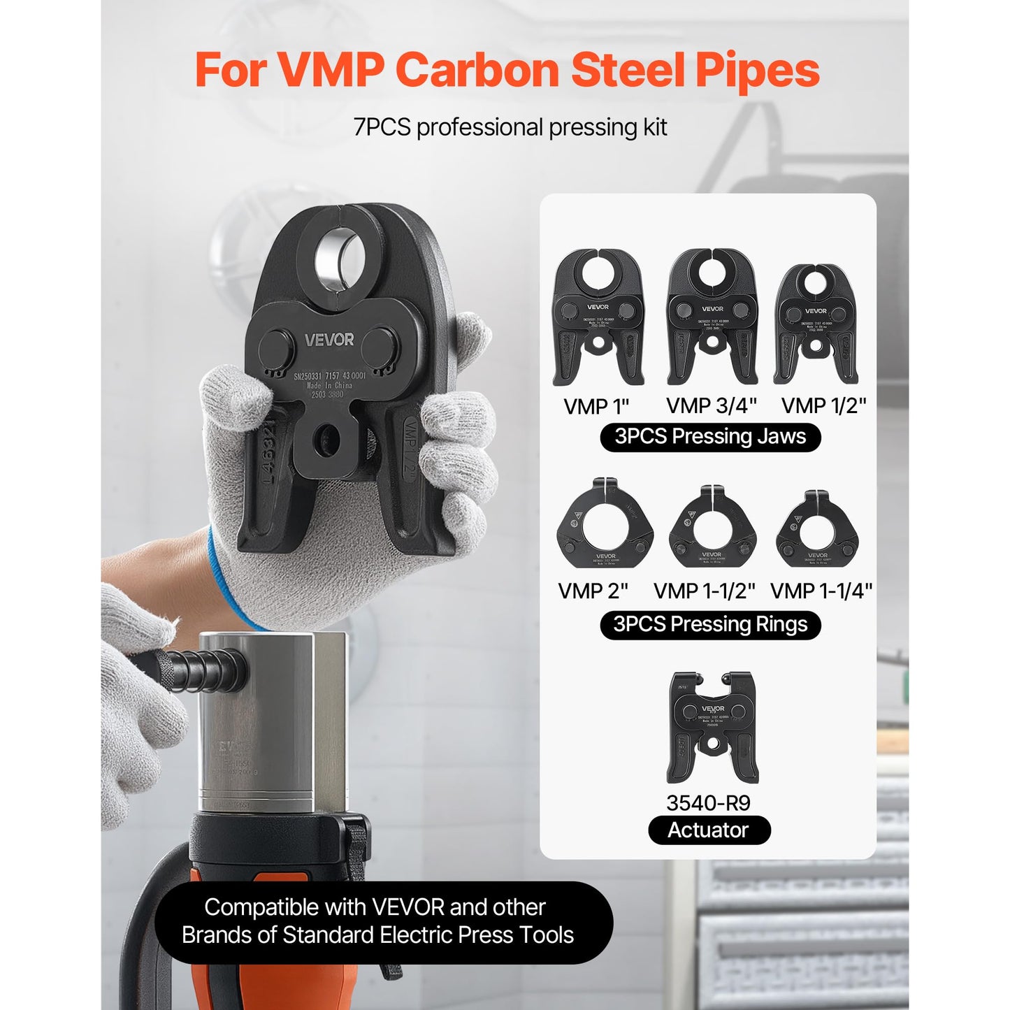 VEVOR 7PCS VMP Pressing Kit 1/2" to 2" - 3PCS Press Jaws, 3PCS Press Rings, 1PCS Actuator - Compatible with Megapress Carbon Steel Pipes, Work with 32KN Standard Press Tools - with Case
