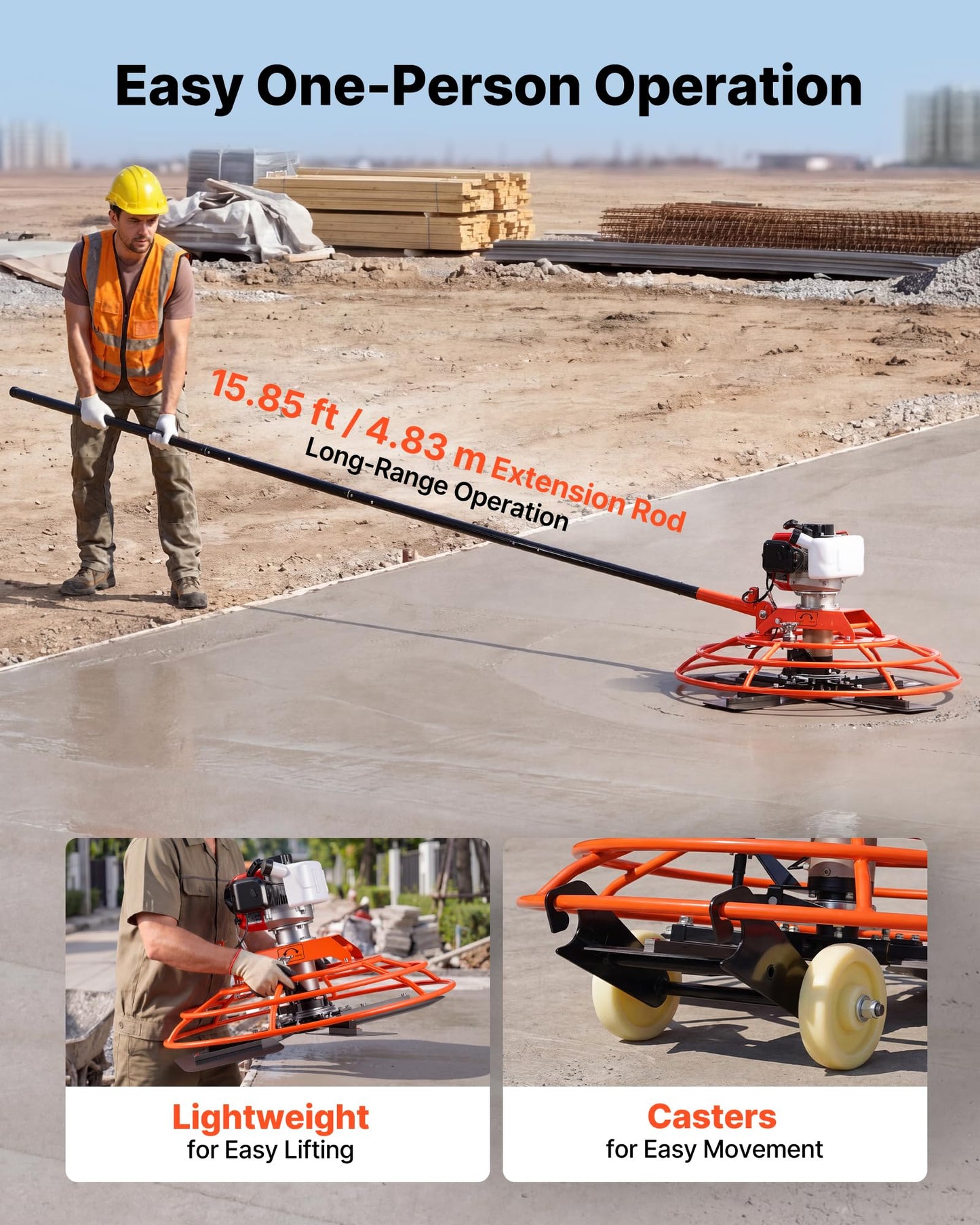 VEVOR Power Trowel, 28.3 inch Trowel Diameter Concrete Finishing Machine, 4 Blades, Adjustable 0-12° Pitch, Gas-Powered Walk-Behind Cement Surface Finisher for Smooth Floors, Bridge Construction