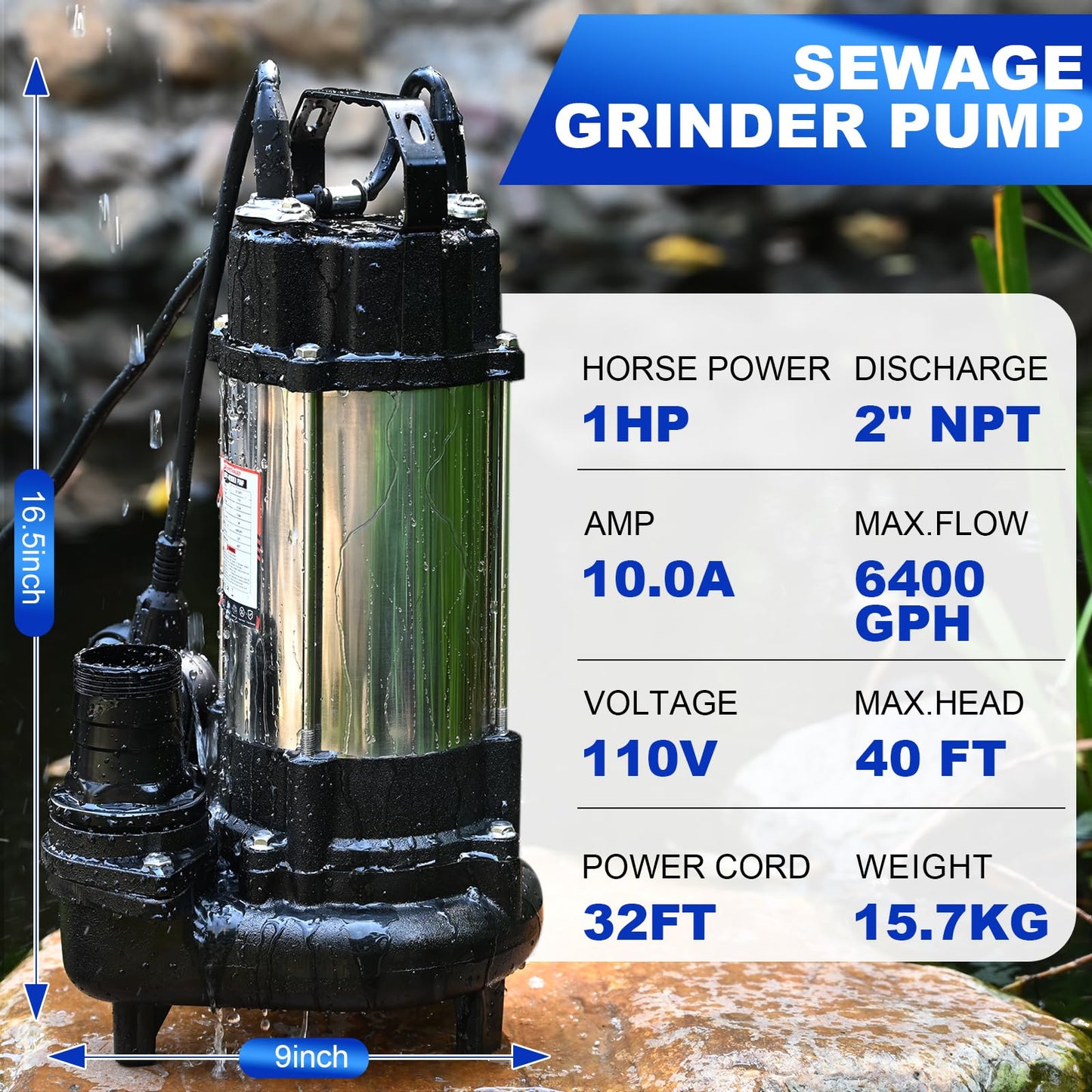 SCHUPETHAUER 1 HP Sewage Grinder Pump, 115V Grinder sump pump, Stainless Steel, Automatic Float Switch, Cast Iron Impeller, 2'' Npt Discharge, Sewage Pumps for Basement, Sump Basin, Sewage Well