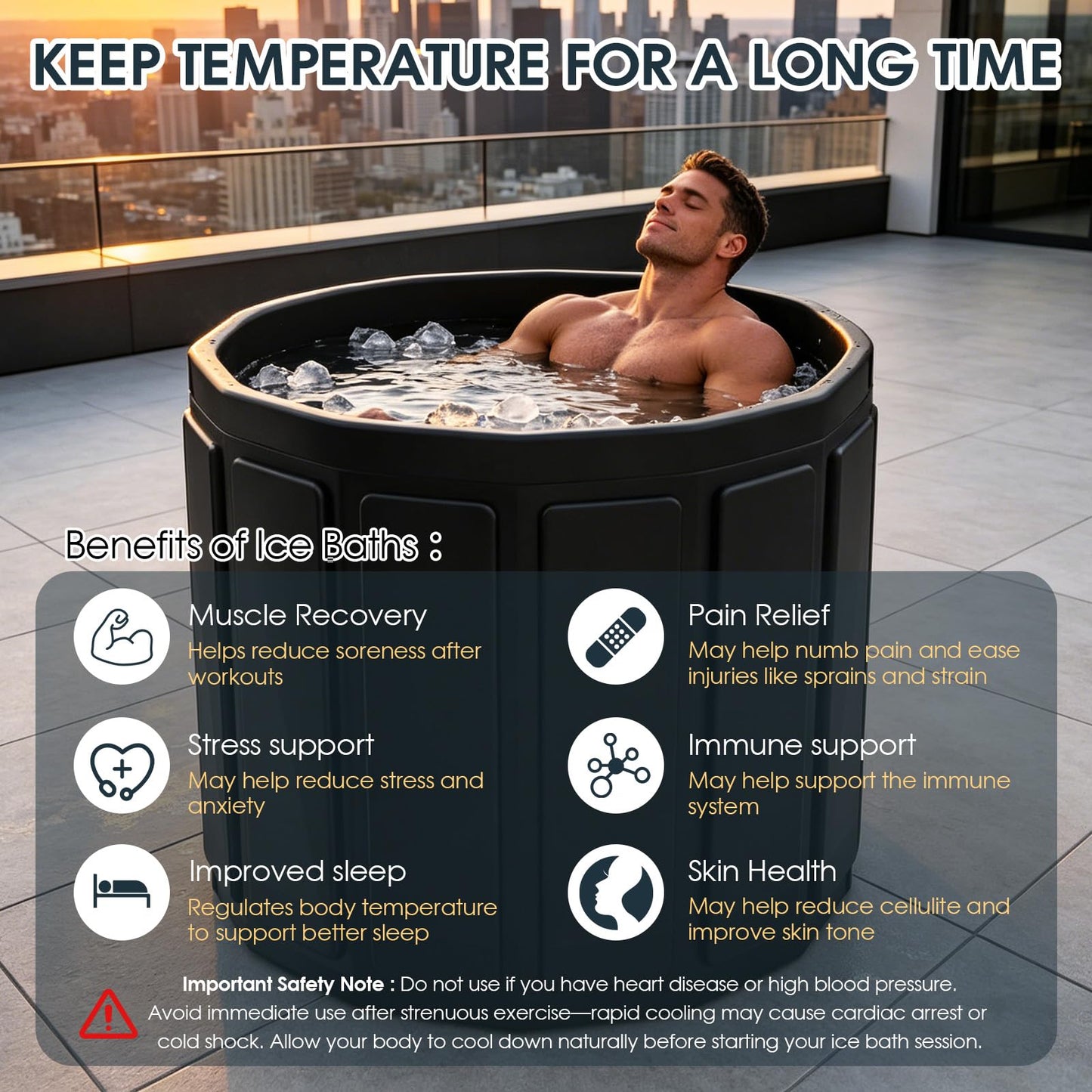 Ice Bath Cold Plunge Tub for Athletes–Portable Ice Bath for Adults, 6-Layer Insulated Foldable Bathtub for Cryotherapy & Muscle Recovery, Space-Saving Cold Plunge Tub for Home Gym (Black25.9x27.5IN)