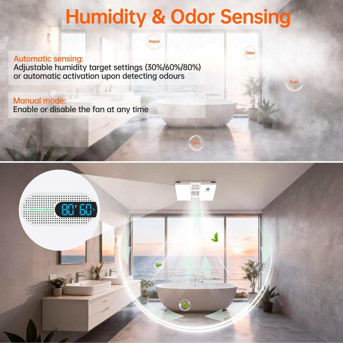 RexTact Exhaust Fan with Heater & Light, Bluetooth Speaker, 230 CFM Quiet Ventilation Fan with Humidity & Odor Sensor, 3 Dynamic RGB Lighting, Remote App Control Easy Install (White)