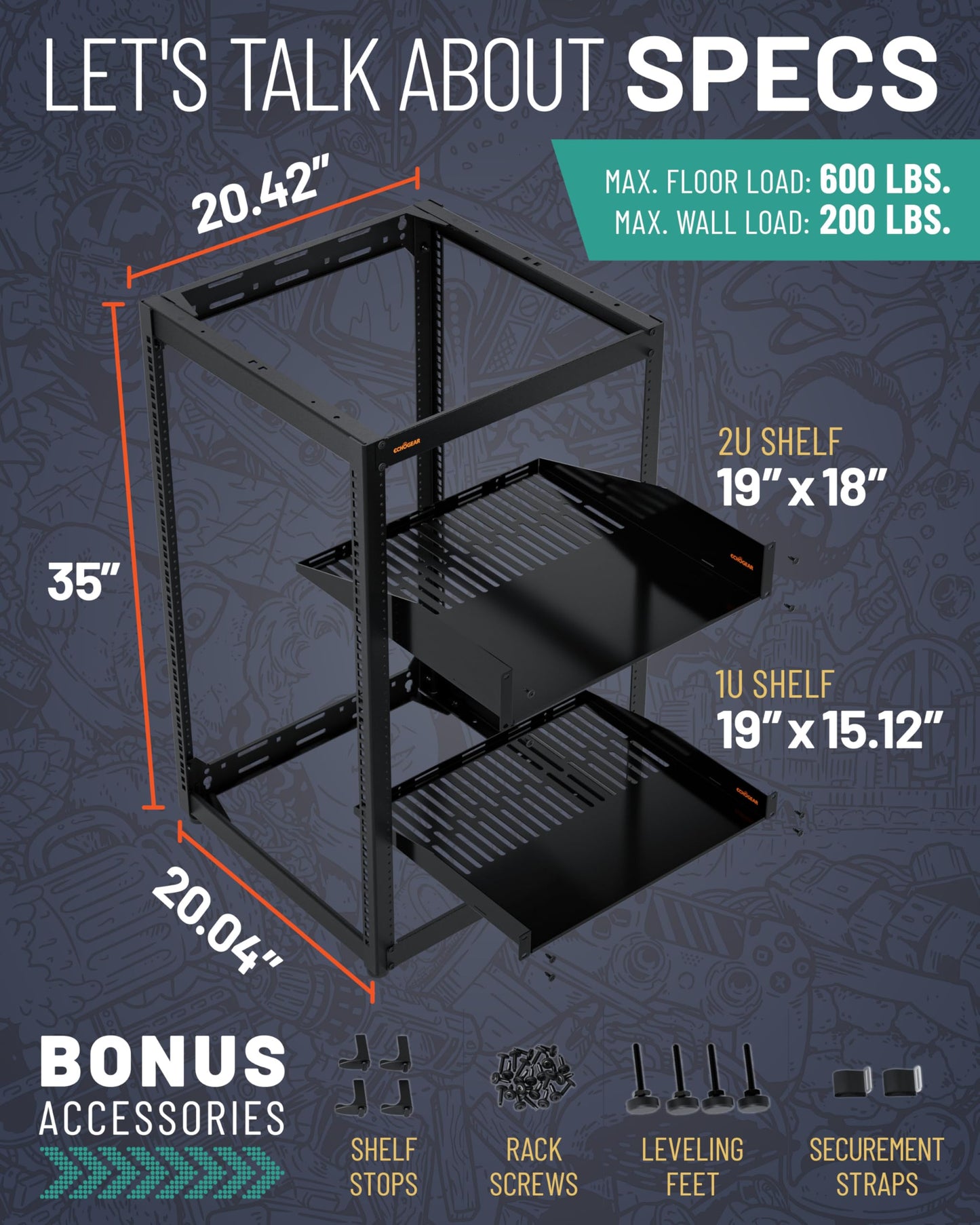 ECHOGEAR 20U Open Frame Rack for Servers & AV Gear - Wall Mountable Design Includes 2X Vented Shelves, 25x Rack Mounting Screws, 4X Leveling Feet, 4X Shelf Stops, & 2X Securement Straps