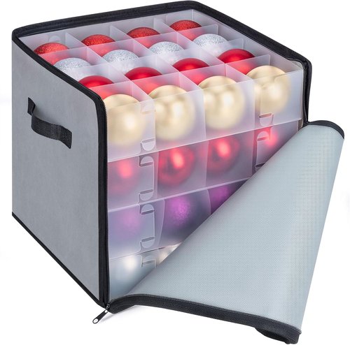 BALEINE Christmas Ornament Storage Box - Premium Holiday Container with Dividers for 64 Balls | Grey Soft Design