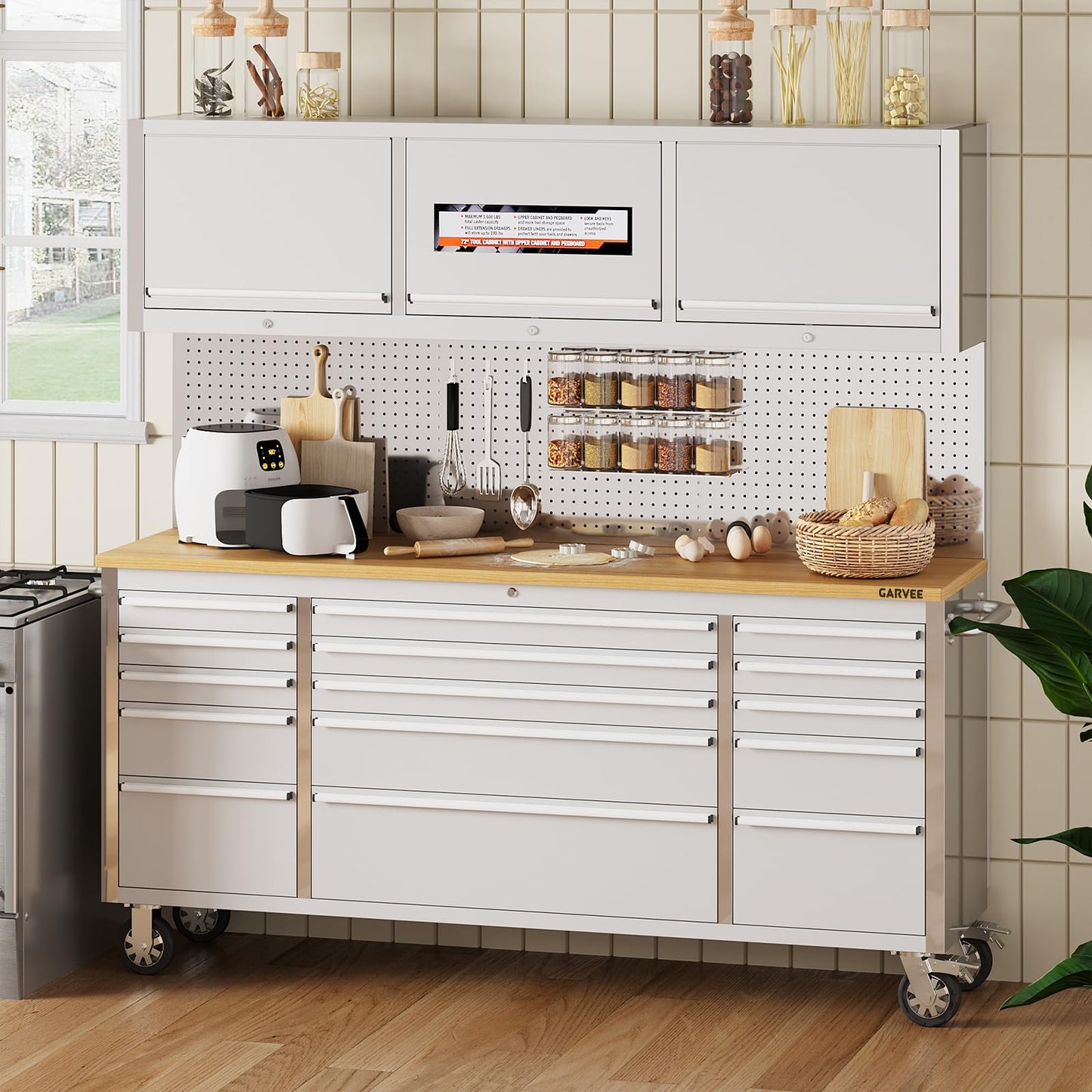 Garvee 72-Inch Heavy-Duty Rolling Tool Chest & Mobile Workbench with 9 Drawers & 3 Top Cabinet, Rubber Wood Tabletop, Key Locking System, Drawer Liners & Wheels, Steel Storage Cabinet for Garage
