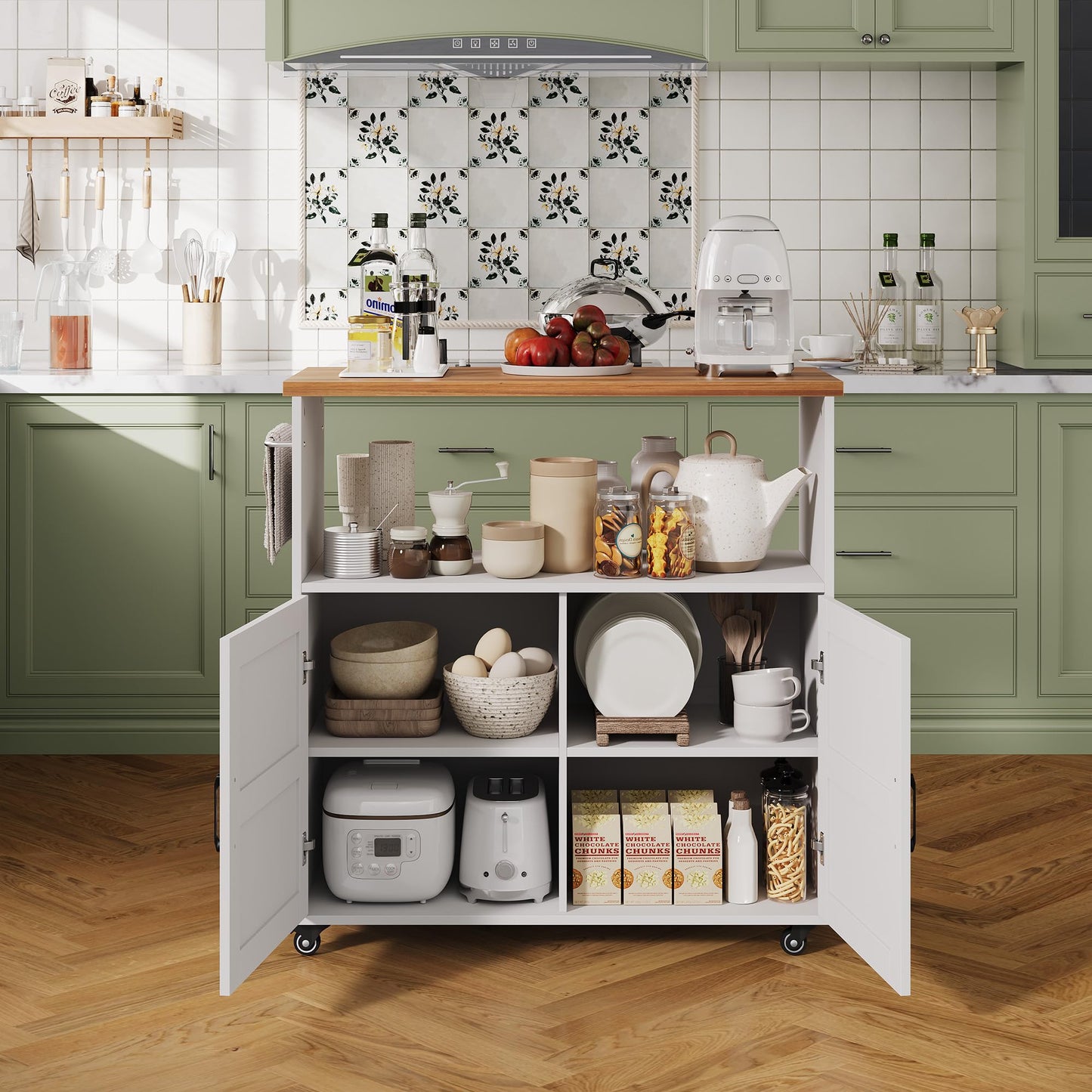 GarveeLife Rolling Kitchen Island with Storage Cabinet, 40.4'' Width Kitchen Cart, Portable Mobile Kitchen Island with Towel Rack, Wood Top and Lockable Wheels for Kitchen, Dining Room