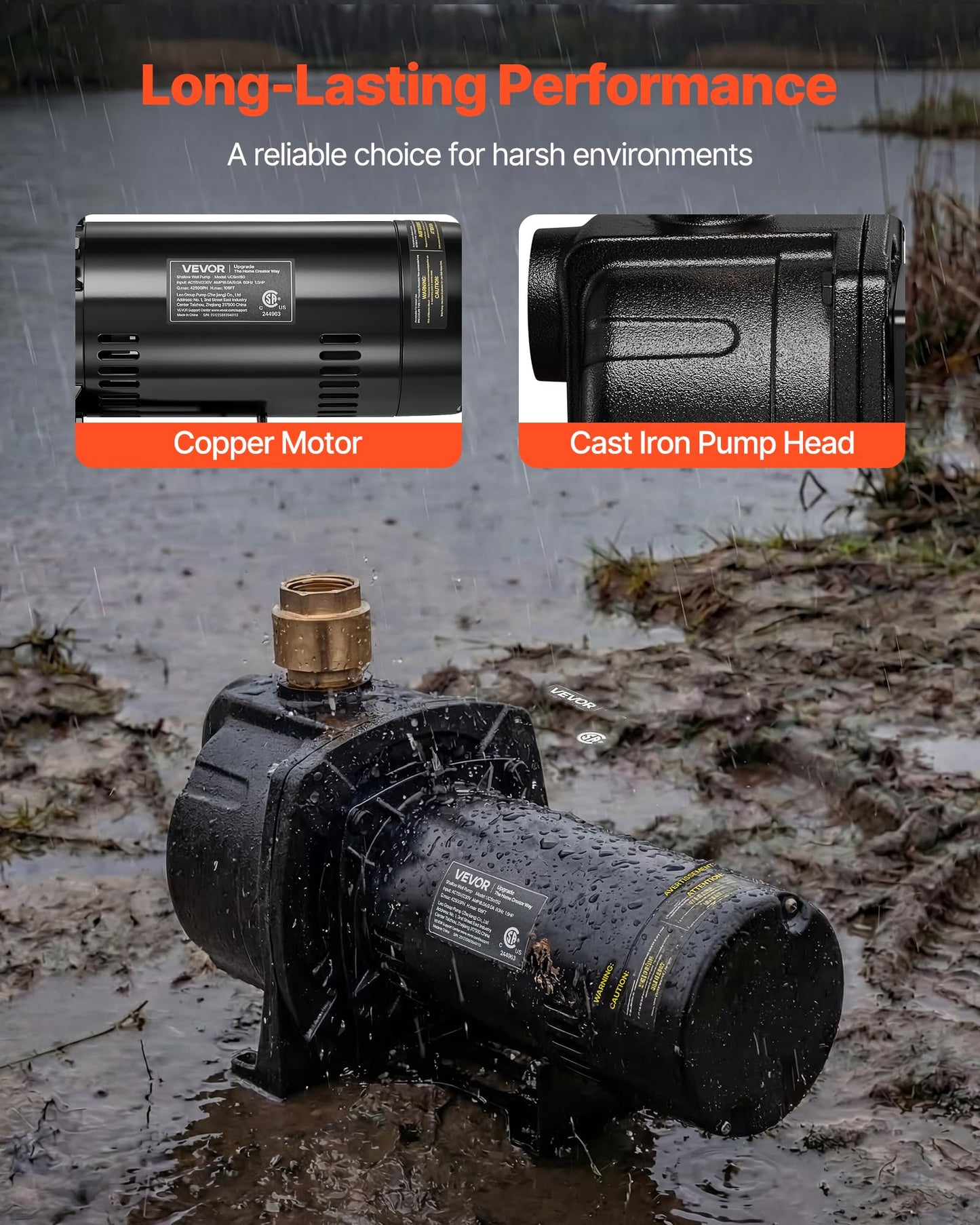 VEVOR 1.5 HP Shallow Well Jet Pump, AC 115/230 Volt, 4250 GPH Dual Voltage Cast Iron Well Jet Pump, with 108 ft Max Head Lift, Easy Voltage Switching, for Garden Irrigation, Lawn Sprinkler System