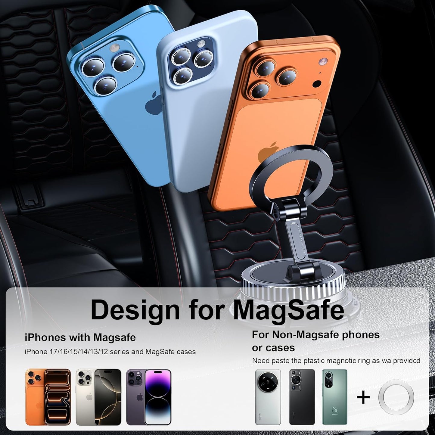 Chiclish [2026 89+LBS 3700gf 360 17-12 Car Phone Holder for Magsafe Suction & Magnetic] Adjustable Cell Phone Mount