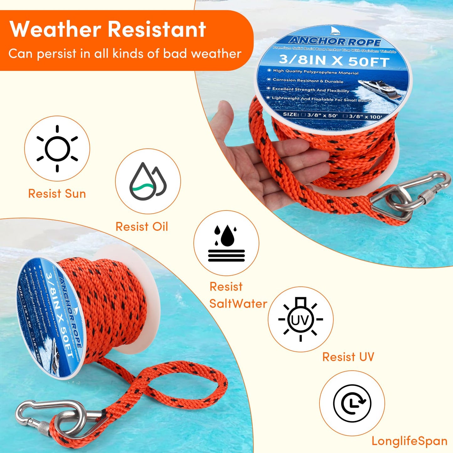 BALAVA Anchor Rope 50FT x 3/8in,Premium Solid MFP Braided Anchor Rope Anchor Line,Boat Anchor Rope with Stainless Steel Thimble & Snap Hook,Boat Rore Marine Rope for Anchors and Boats (Orange/Black)