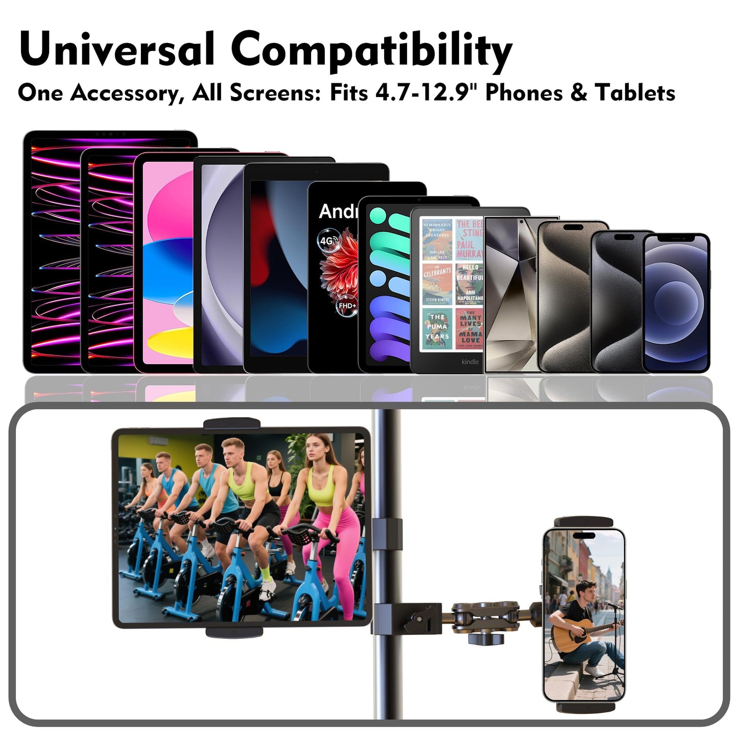 VasSmtCPH Tablet Holder for Treadmil Indoor Cycle Elliptical Spin Bike Peloton Music Stand 360° Adjustable Super Crab Handlebar Climp Mount Compitable with 4.7~12.9" iPad Switch iPhone e-Reader