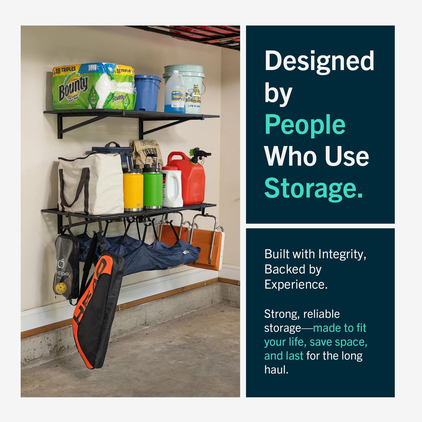 StoreYourBoard Garage Shelving Wall Mounted | 2x6 Heavy Duty Garage Wall Shelves 2-Pack, 24” Deep x 71” Long | Steel Garage Storage Rack Wall Mounted with Hooks, 250lb Each/500lb Total Capacity, Black