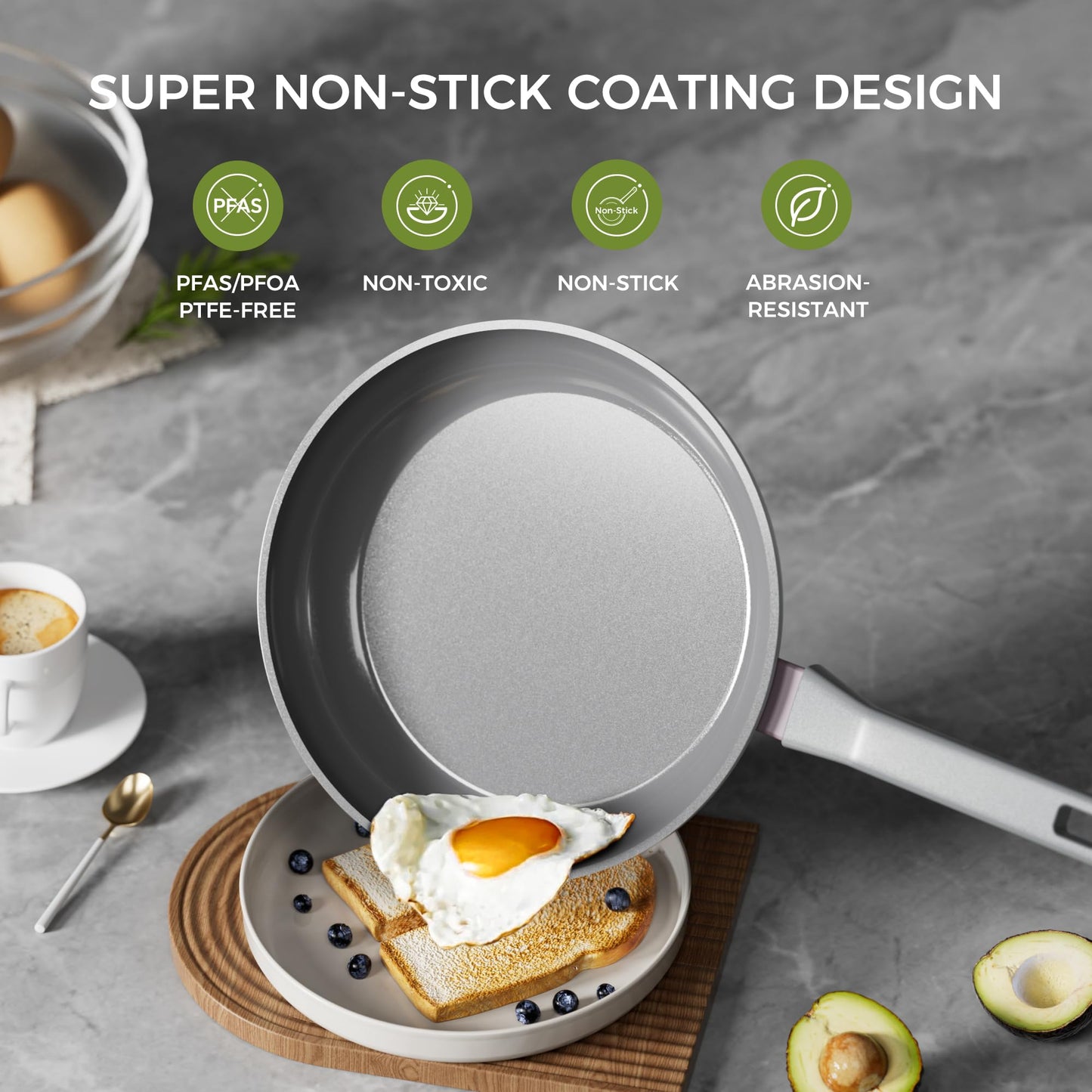 Sanho Diamond-Titanium Ceramic Nonstick Fry Pan Set, 10in & 12in Frying Pans, PFAS PFOA PTFE Free, Dishwasher Safe & Induction Compatible Cookware with Cool-Touch Handle, Gray