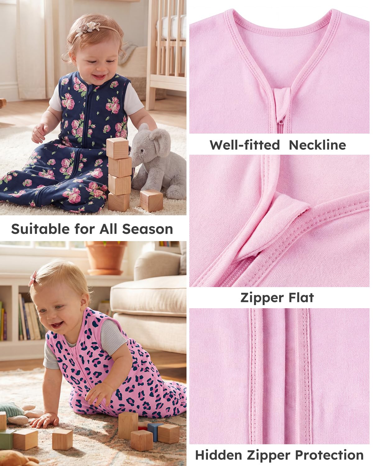 Yoofoss Baby Sleep Sack | 100% Organic Cotton Wearable Blanket for 6-12 Months | 2-Way Zipper, 3 Pack