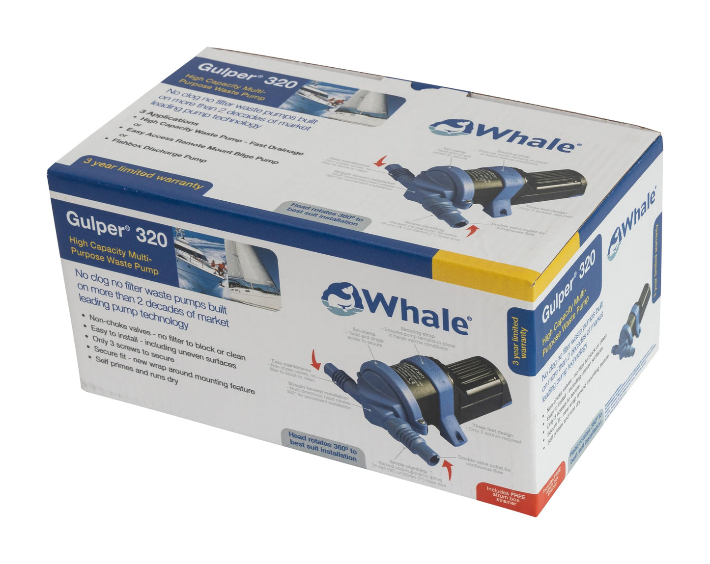 Whale Gulper 320 (24V) High Capacity Graywater Waste Pump, 5 GPM, Handles Waste from Multiple Drains - No Filters, Non Clog, BP2054