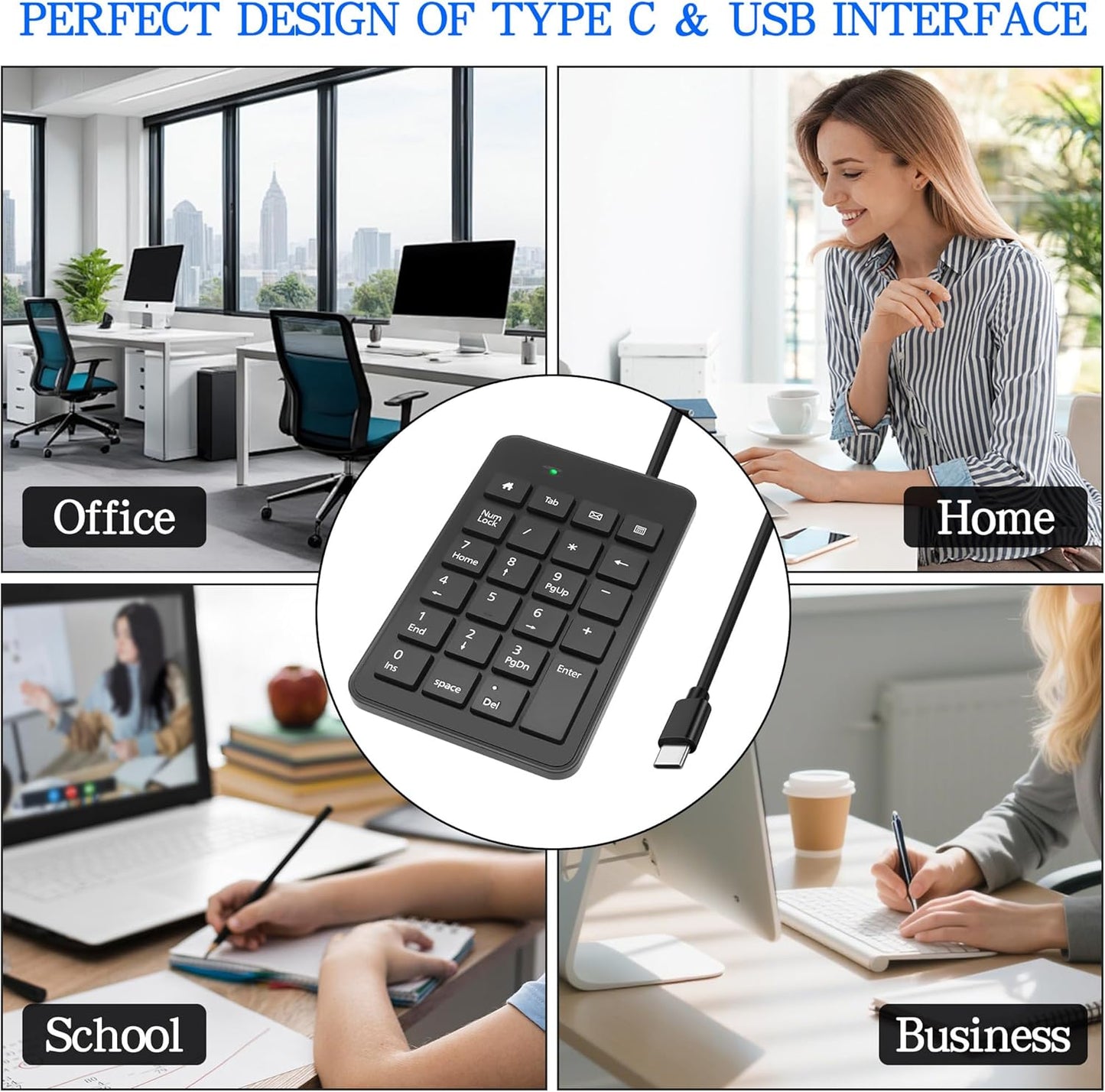 XMSJSIY 23 -1 USB Type-C Number Pad Wired Keys Type-C Numeric Keypad with Tab, Home, Email & Calculator Keys