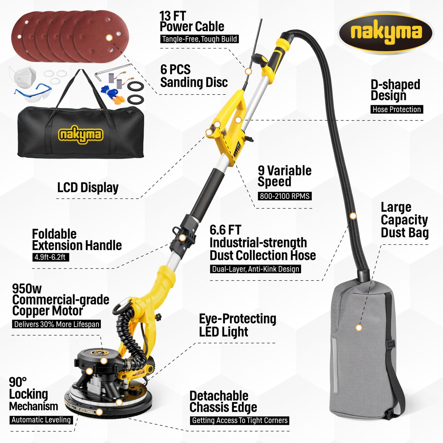 Drywall Sander, 950W 8.5A Electric Drywall Sander with Vacuum Dust Collector, 9 Variable Speed 800-2100RPM, Foldable & Extendable Handle, Wall Sander for Popcorn Ceiling, Drywall Pole Sander