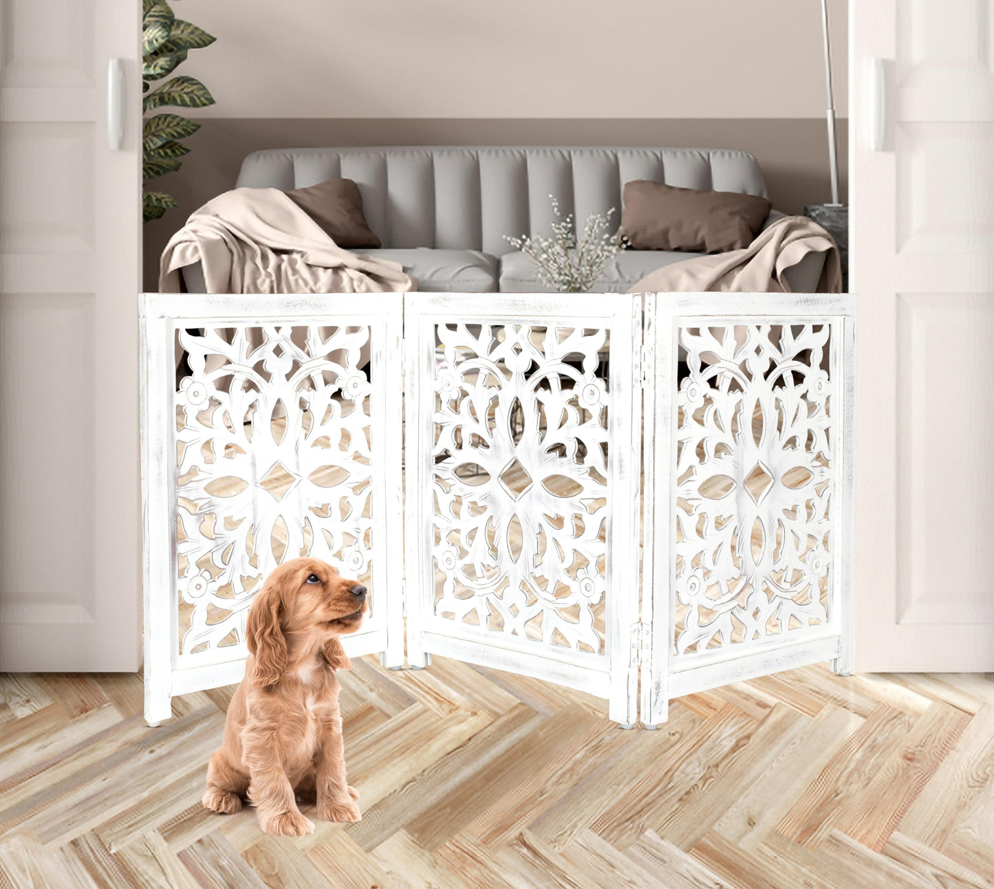 Lightnpro Foldable Carved Wooden Dog Gate - Freestanding 3-Panel Pet Barrier for Dogs - Decorative Walk-Over Fence for Stairs, Doorways & Hallways - Portable & Adjustable - Antique White (24x18 Inch)