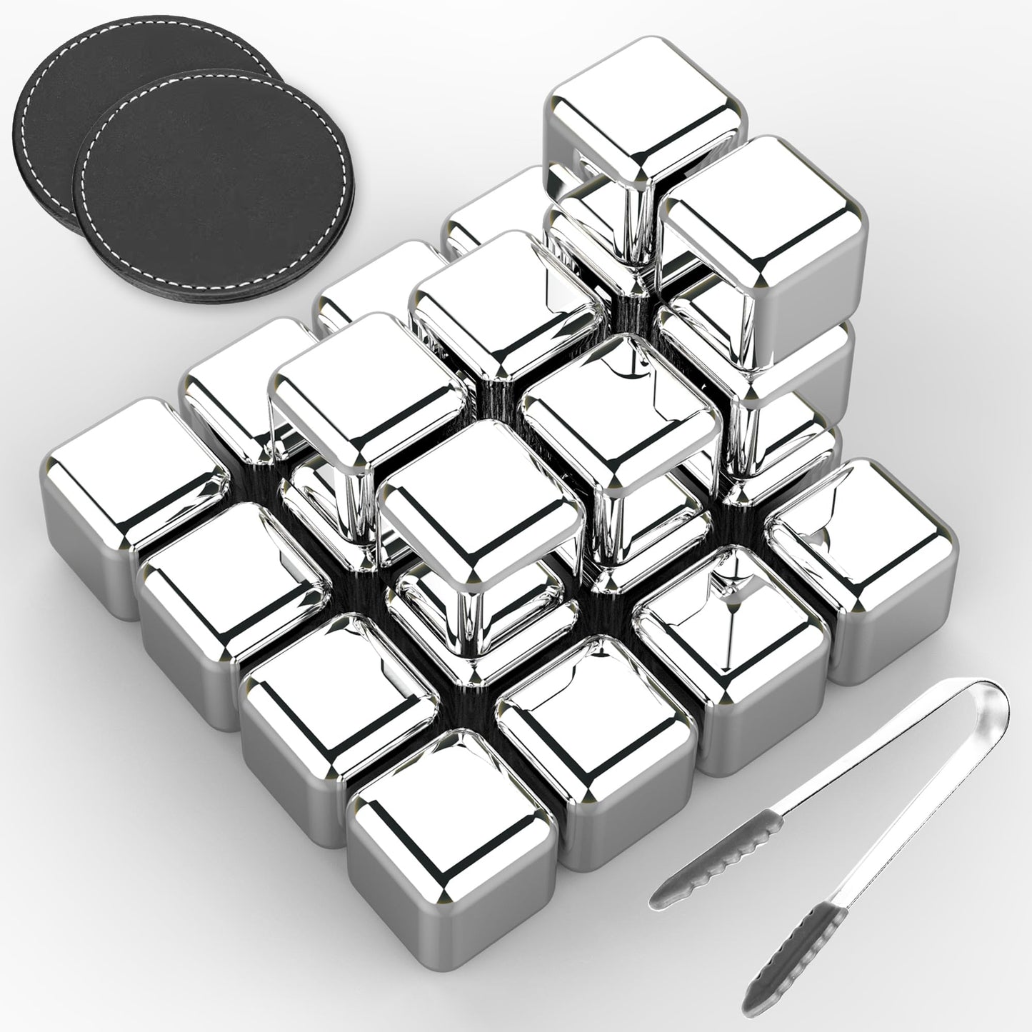 24 Pack Stainless Steel Ice Cubes Reusable - Ice Cubes Stainless with Ice Tongs and Whiskey Stones - Gifts for Men Dad Christmas for Drinks, Whiskey, Vodka, Chilling Rocks, Chilling Rocks for Drinks