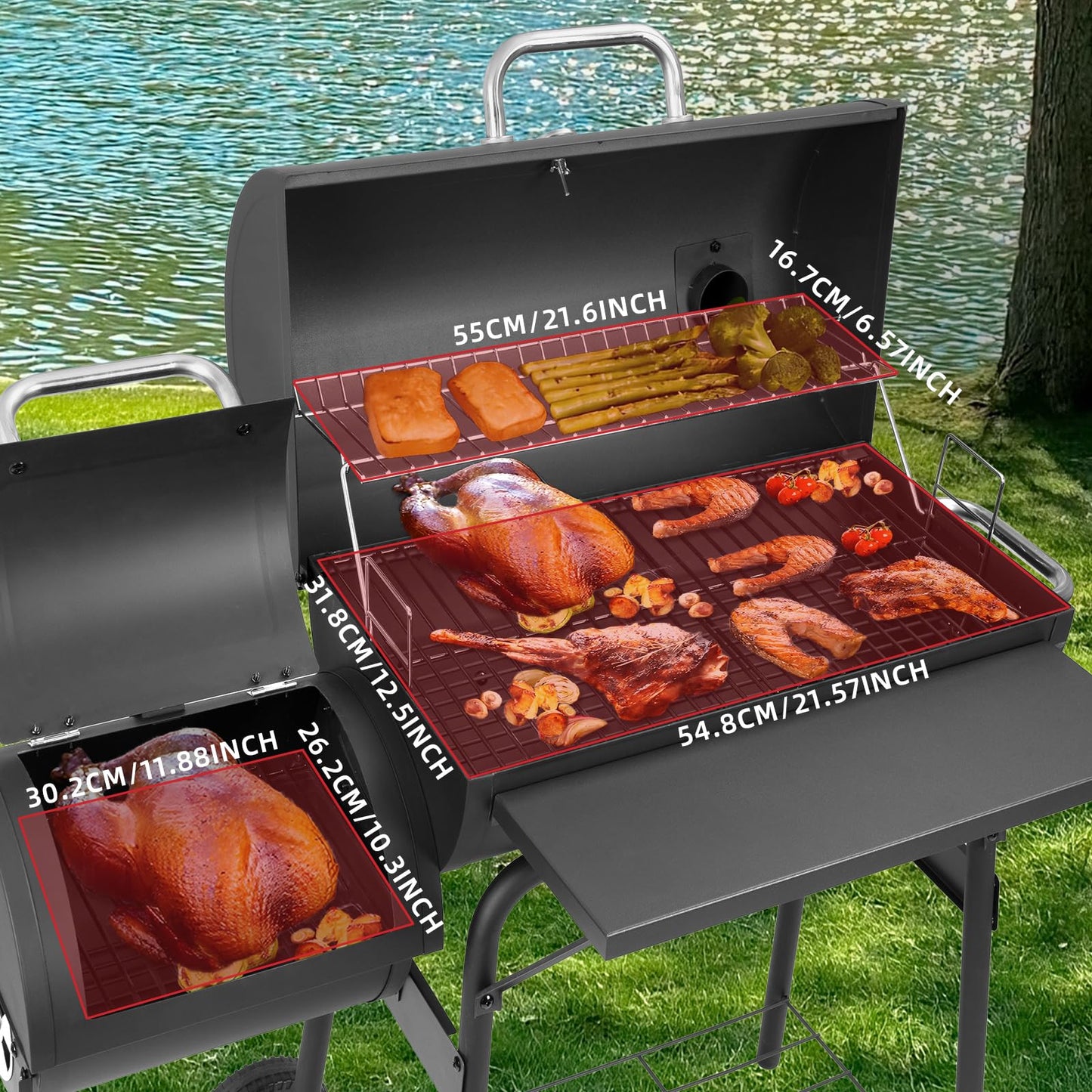 Kendane Barrel Charcoal Grill with offset smoker,550 Square Inches Cooking Area, Outdoor BBQ Grill with Front Shelf, Perfect for Backyard, Patio Parties and Picnics.