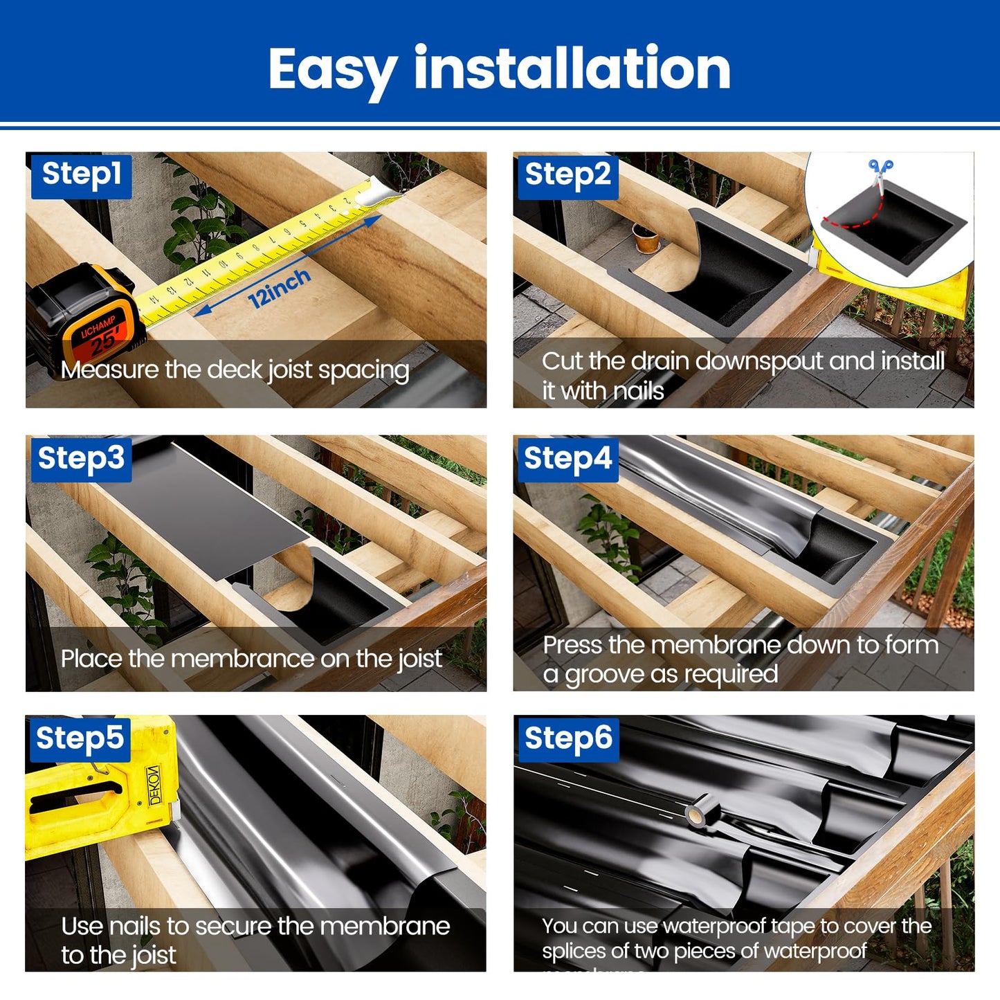 Muzata 4PCS Black Under Deck Drainage System Downspout PE Easy Installation Rain Drain for 12"/16" Joist Spacing M078