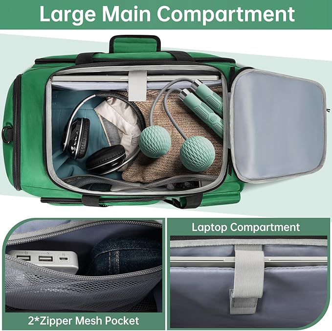 Gym Bag for Women & Men, Sports Travel Duffle Bag with Shoe Compartment, Anti-Theft Carry On Weekender Bag, Water Resistant Overnight Backpack for Airplane, Gym, Travel (Green)