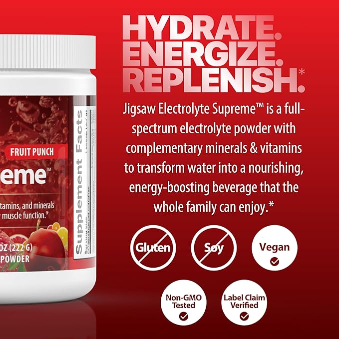 Jigsaw Health Electrolyte Supreme | Broad Spectrum of Electrolytes + Trace Minerals | Fruit Punch Flavor | 60 Servings (Jar)