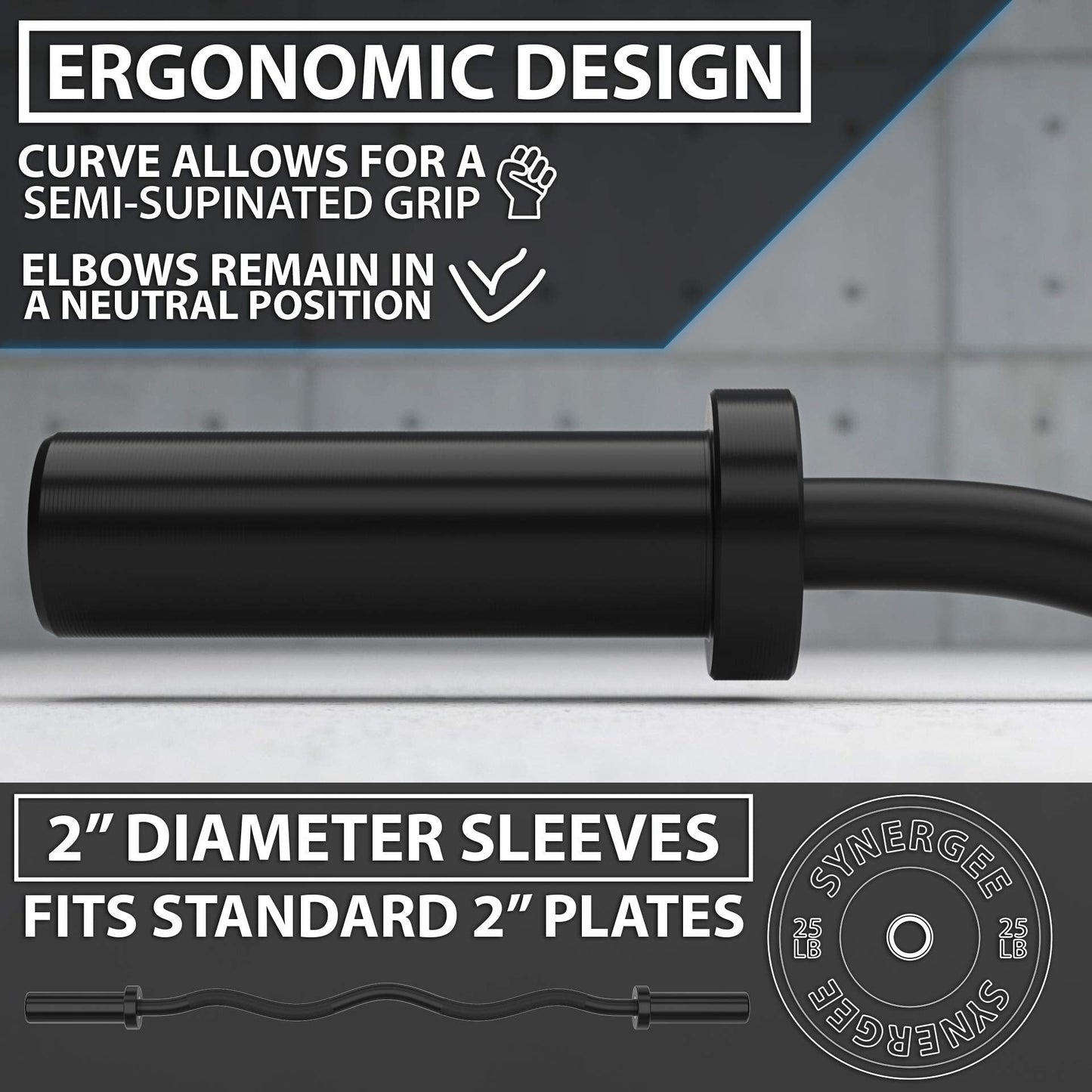 Synergee Commercial EZ Curl Olympic Bar Black Phosphate with Powder Coated Brass Bushings Excellent for Bicep Curls and Triceps Extensions
