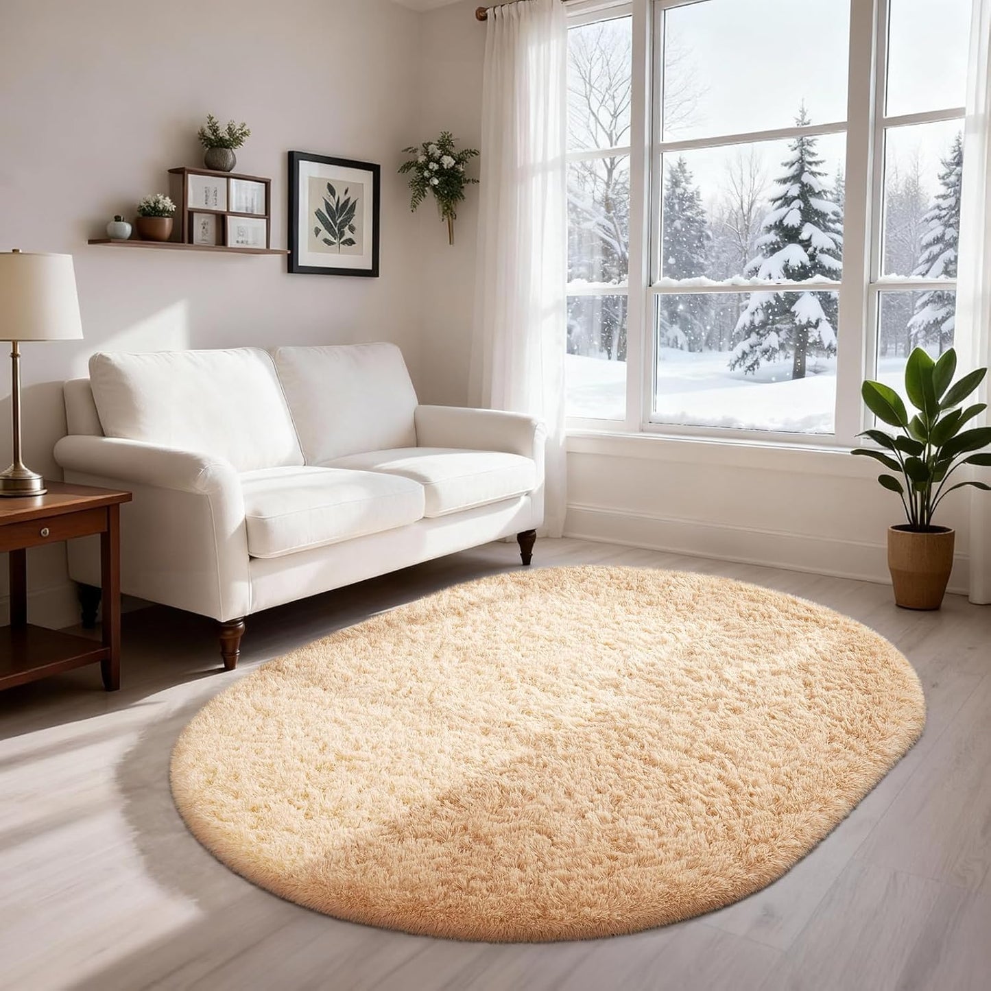 Ophanie 3x5 Oval Rug - Non-Slip Beige Area Rug for Bedroom | Fluffy Dorm Decor & Nursery Essentials
