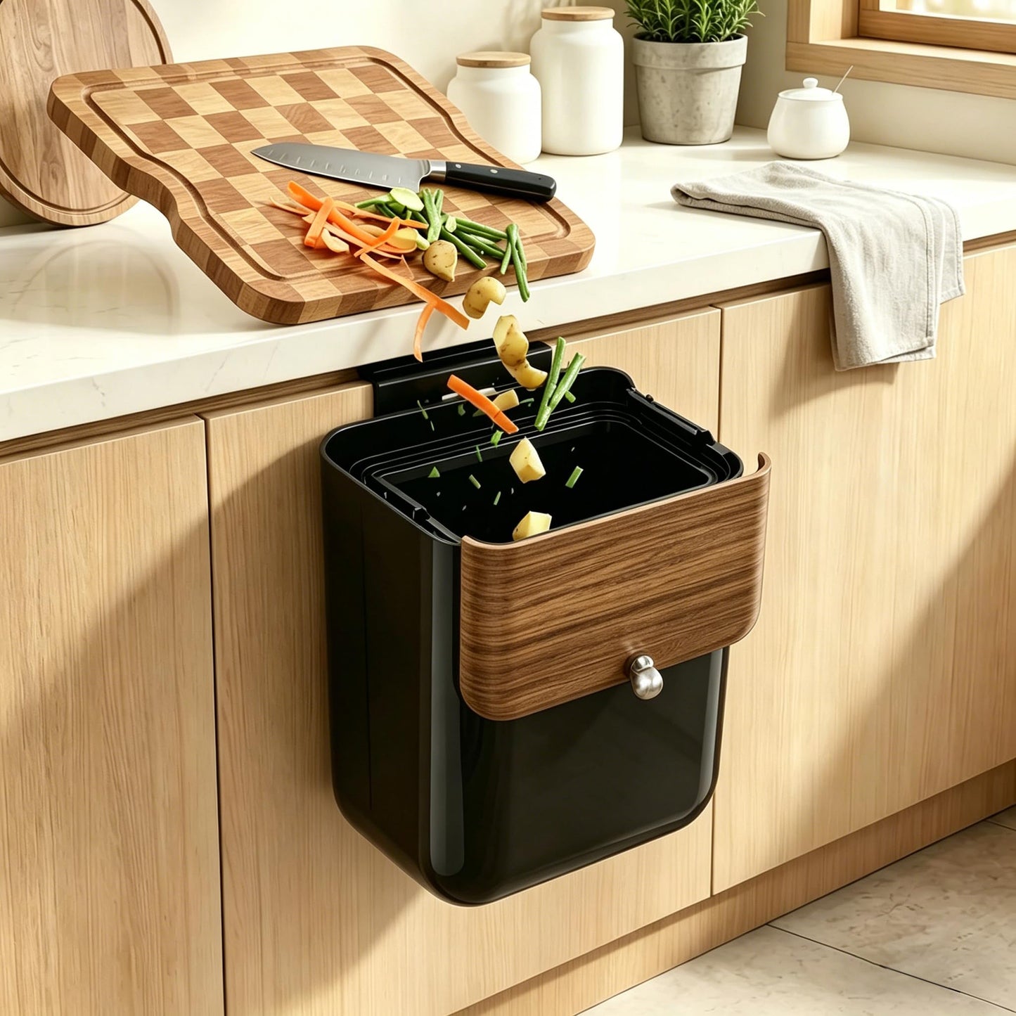 ZNYOPA Large 3.2 Gallon Compost Bin, Under Sink Trash Can with Lid, Hanging Waste Cabinet for Office Kitchen Cupboard Bathroom Bedroom, Black