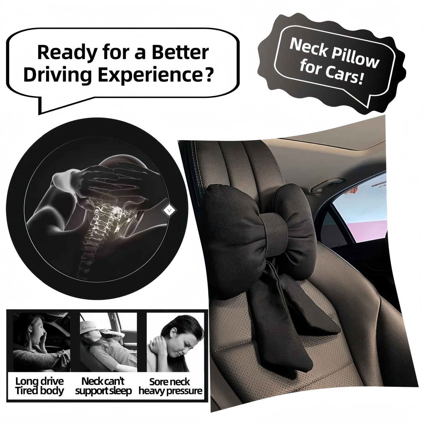 UINSUE 2PCS Chic Car Headrests with Bow-Shaped Cotton Linen Bowknot Neck Pillows for Cozy Road Trip & Cute Interior Decoration (Black)