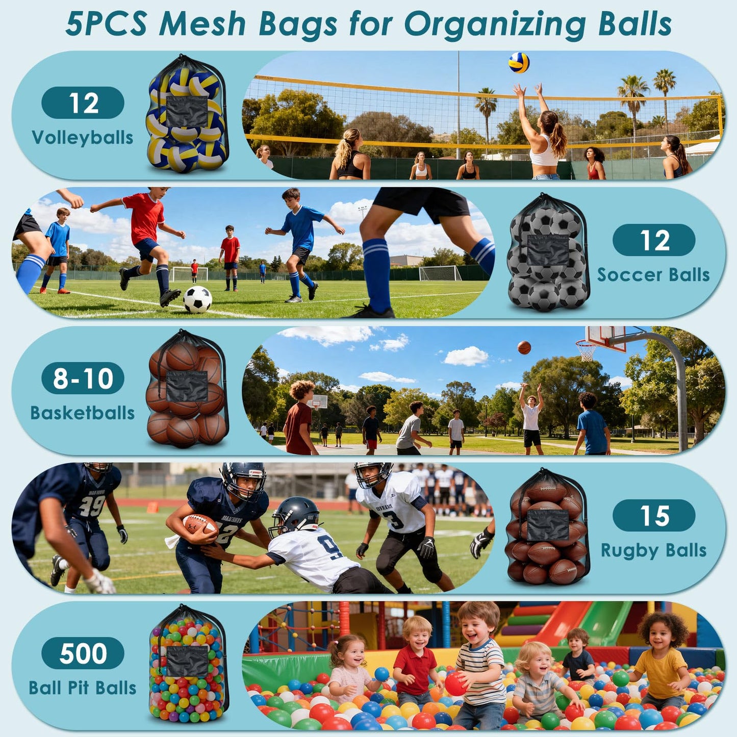 BROTOU 5PCS Extra Large Mesh Sports Ball Bags - Soccer Ball Bag Drawstring Bags with Shoulder Strap for Basketball, Volleyball, Swimming Gear (Black, 40"x30")